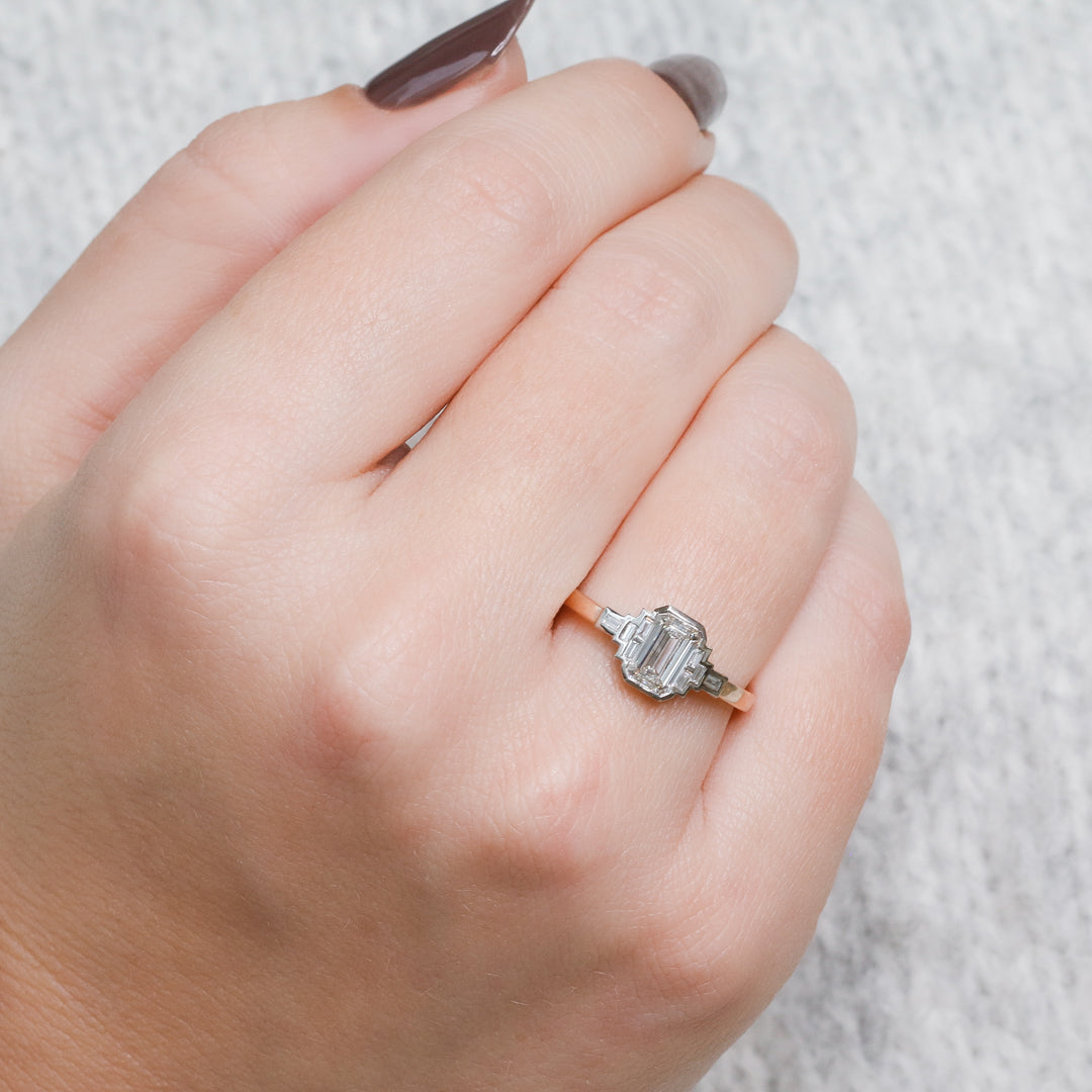 Emerald Cut & Baguette Art Deco Natural  Diamond Engagement Ring