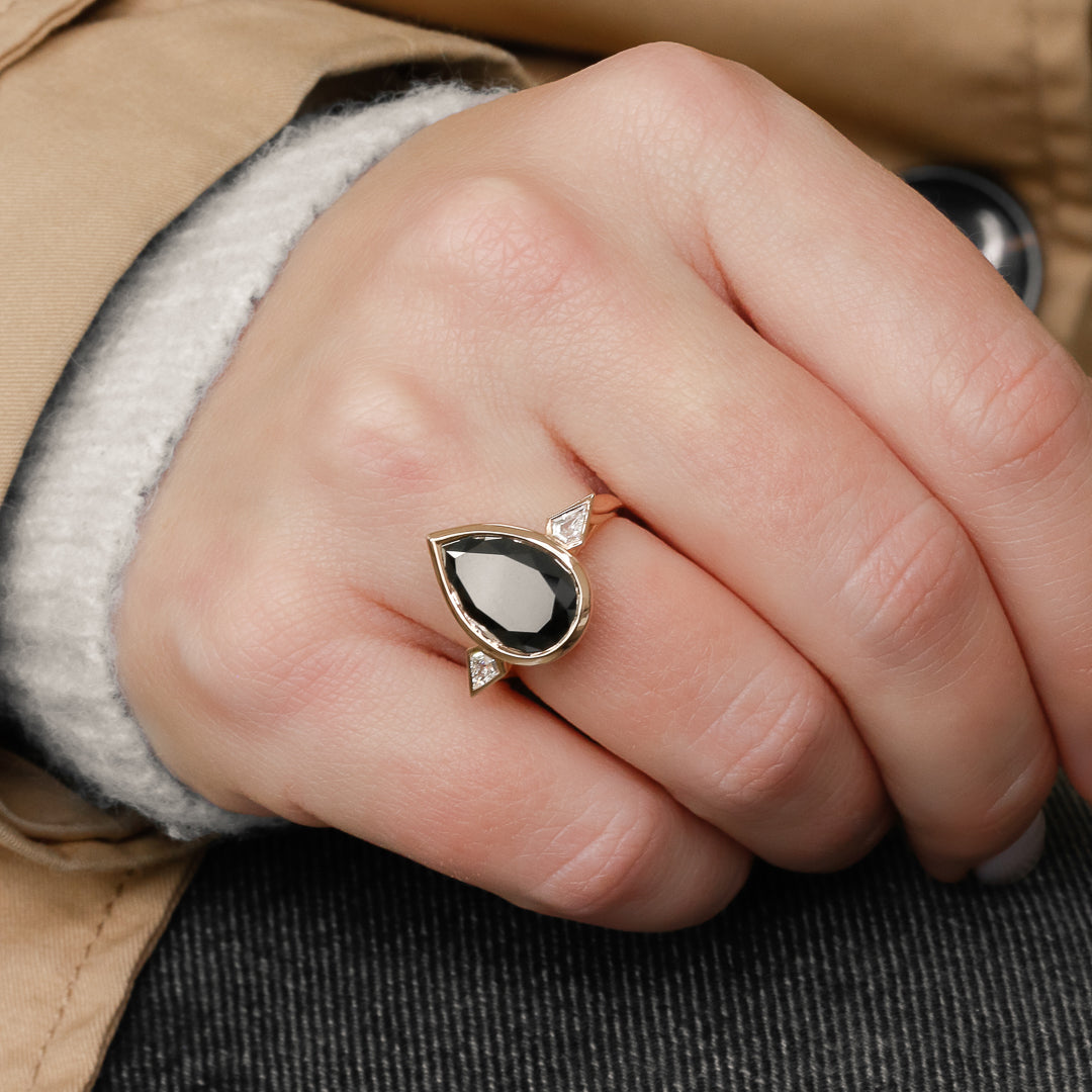 Three Stone  Natural Black Diamond Pear Engagement Ring