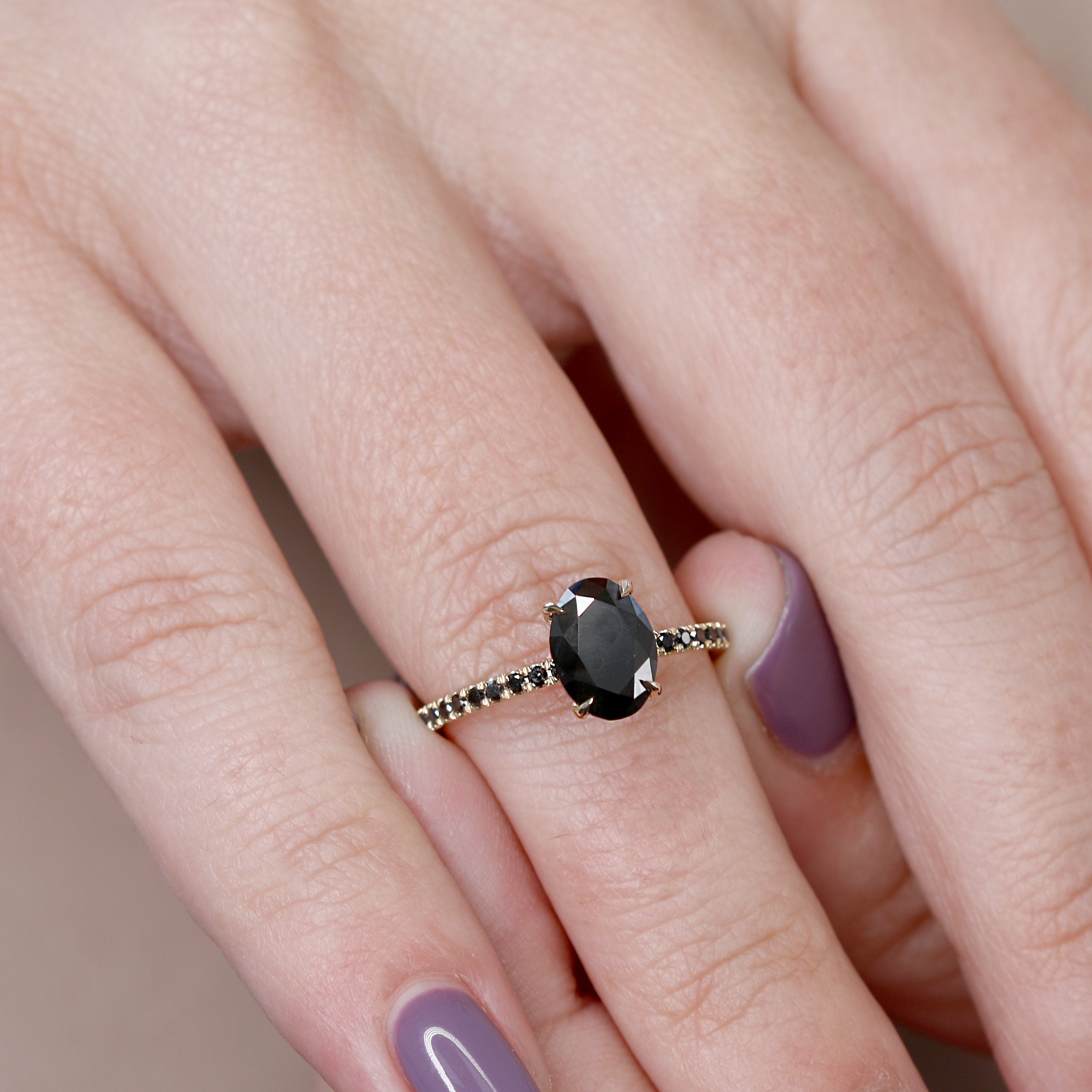 Unique Natural Black Diamond Oval Engagement Ring