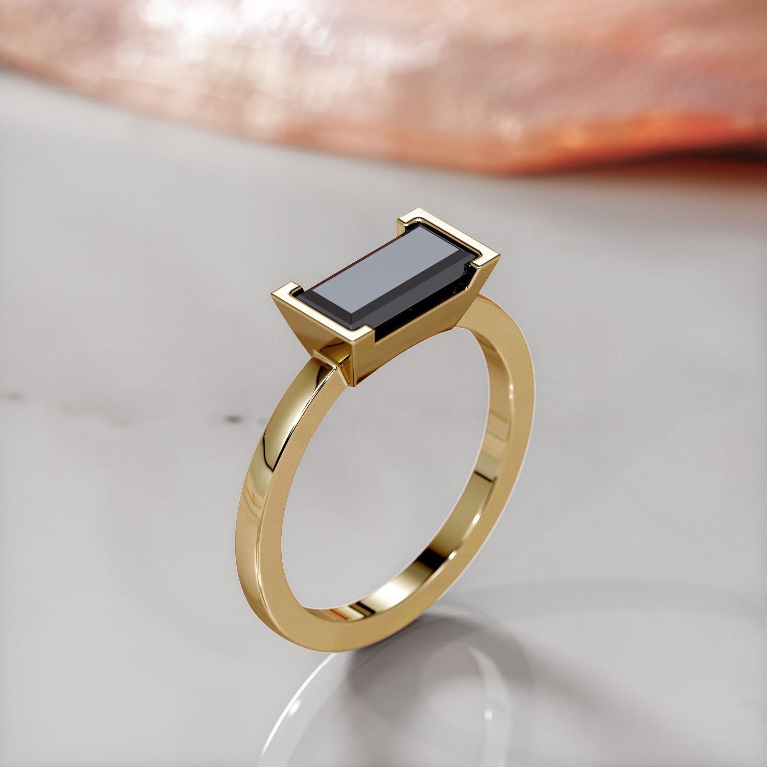 East West Natural Black Diamond Emerald Cut Engagement Ring