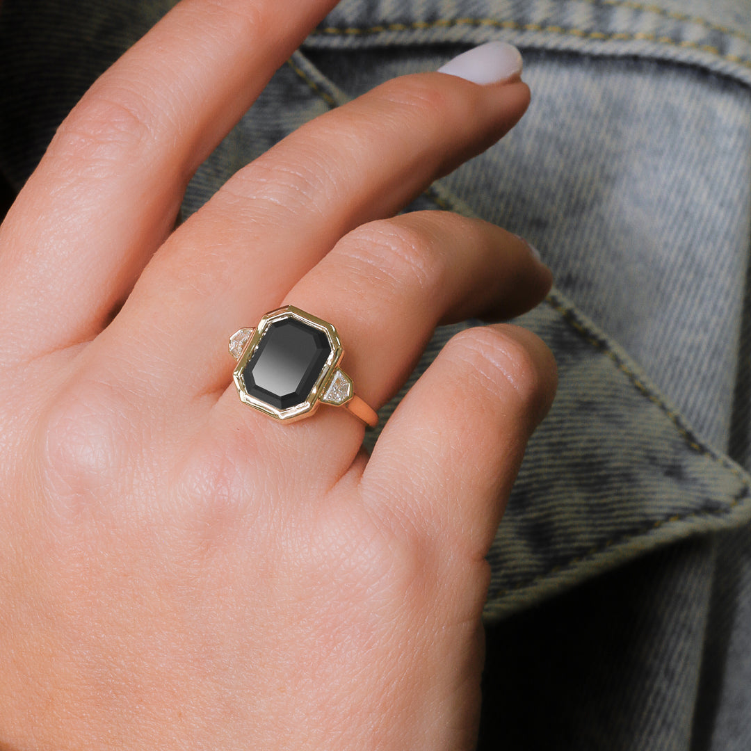 Bezel Natural Black Diamond Emerald Cut Engagement Ring