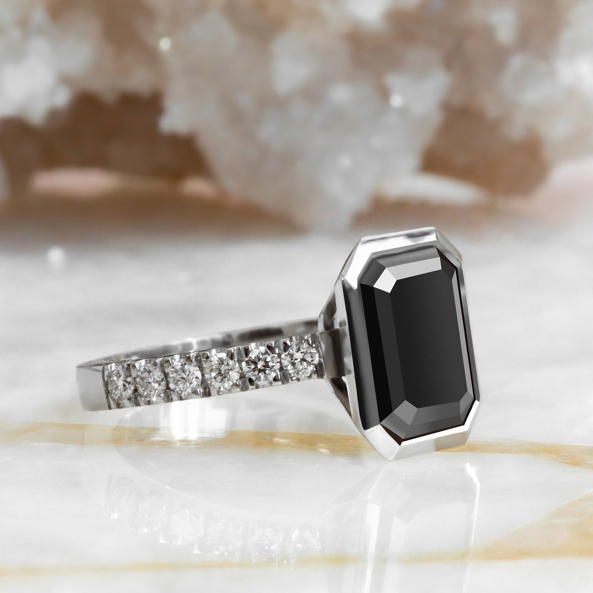 Bezel Natural Black Diamond Emerald Engagement Ring