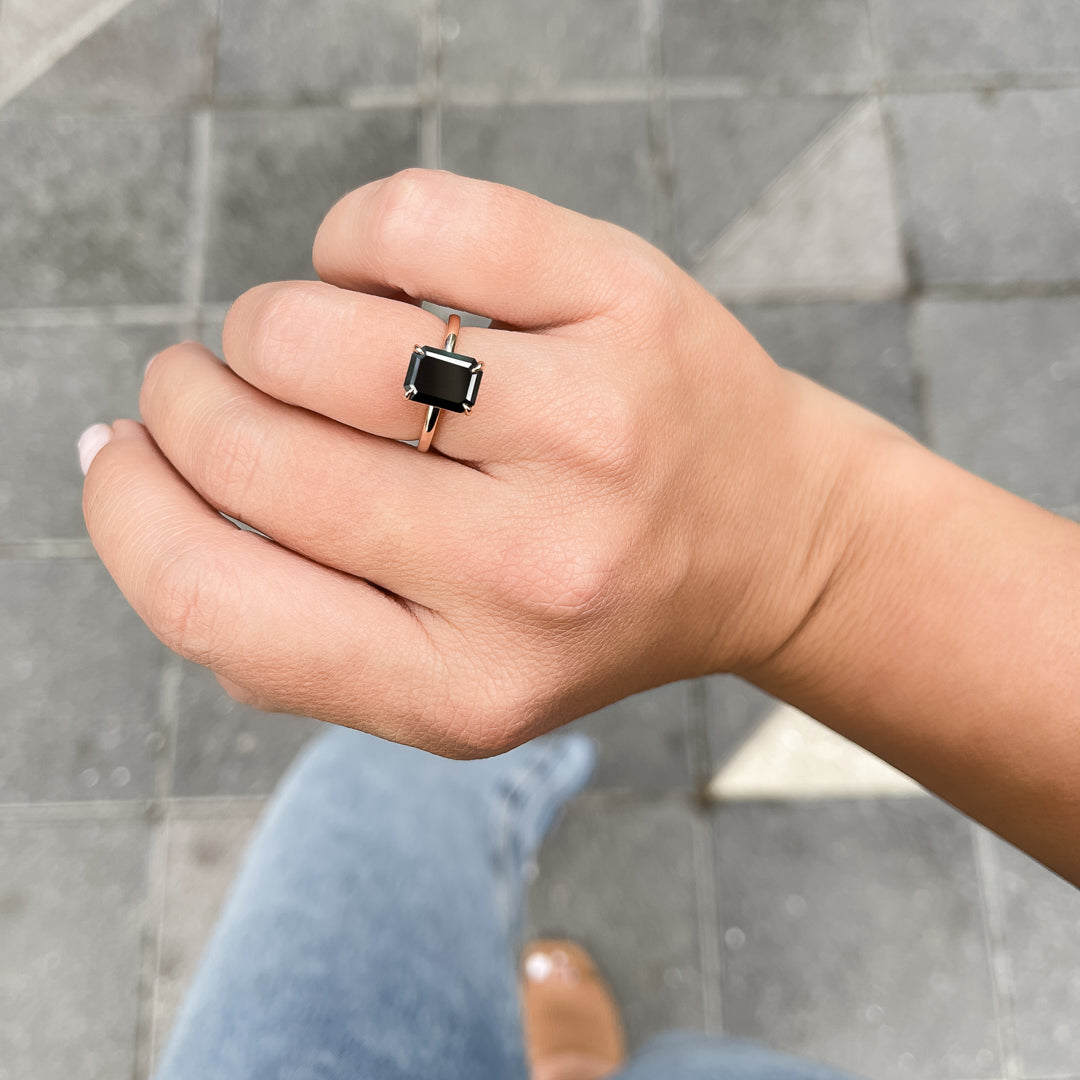 Natural Black Diamond Emerald Cut Engagement Ring