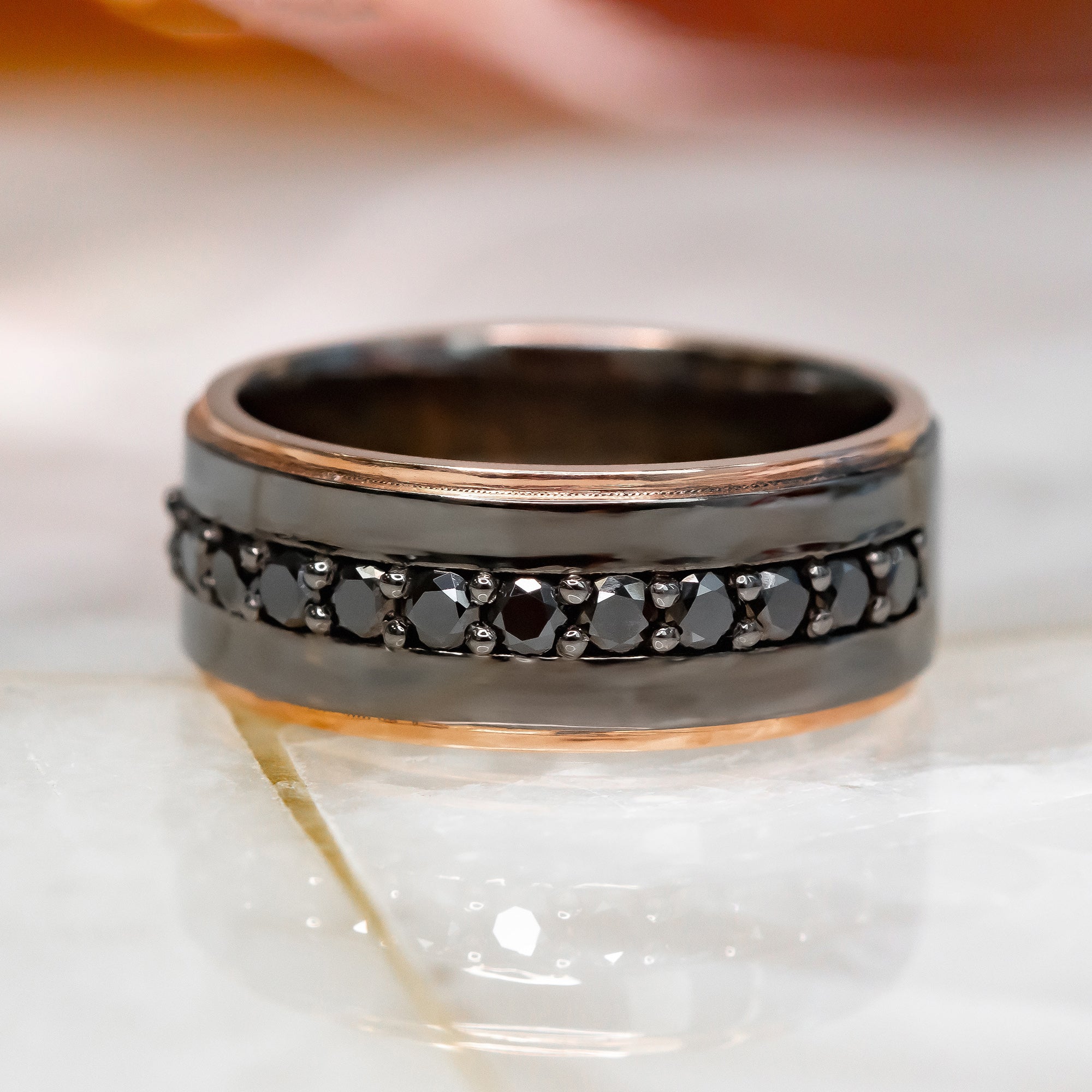 Channel Wedding Ring with Round Cut Natural Black Diamonds
