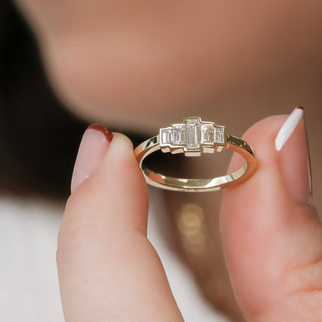 Silver Moon - Art-Deco Bezel Natural Baguettes cut Diamond Wedding Band
