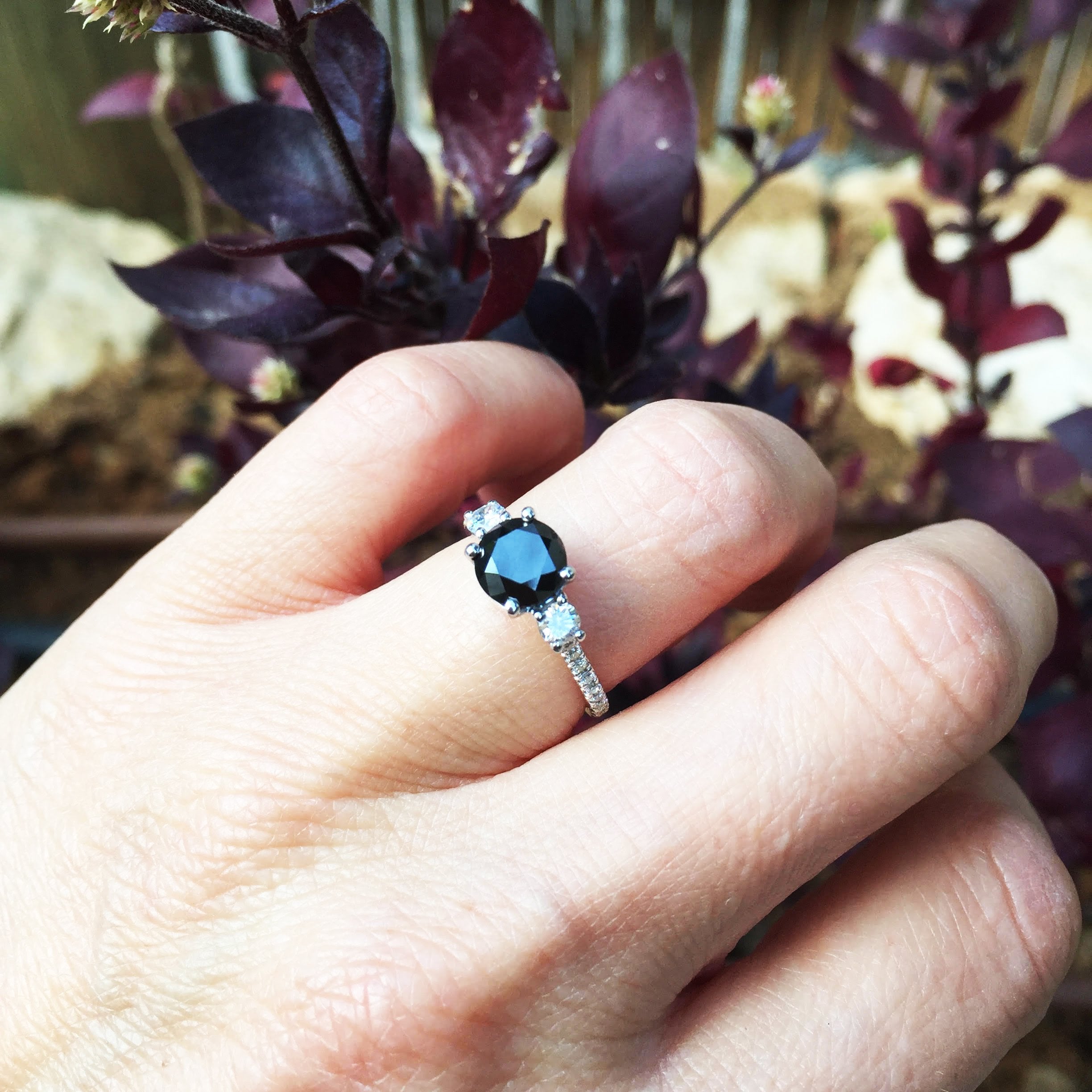 Unique  Natural Black Diamond Round Engagement Ring
