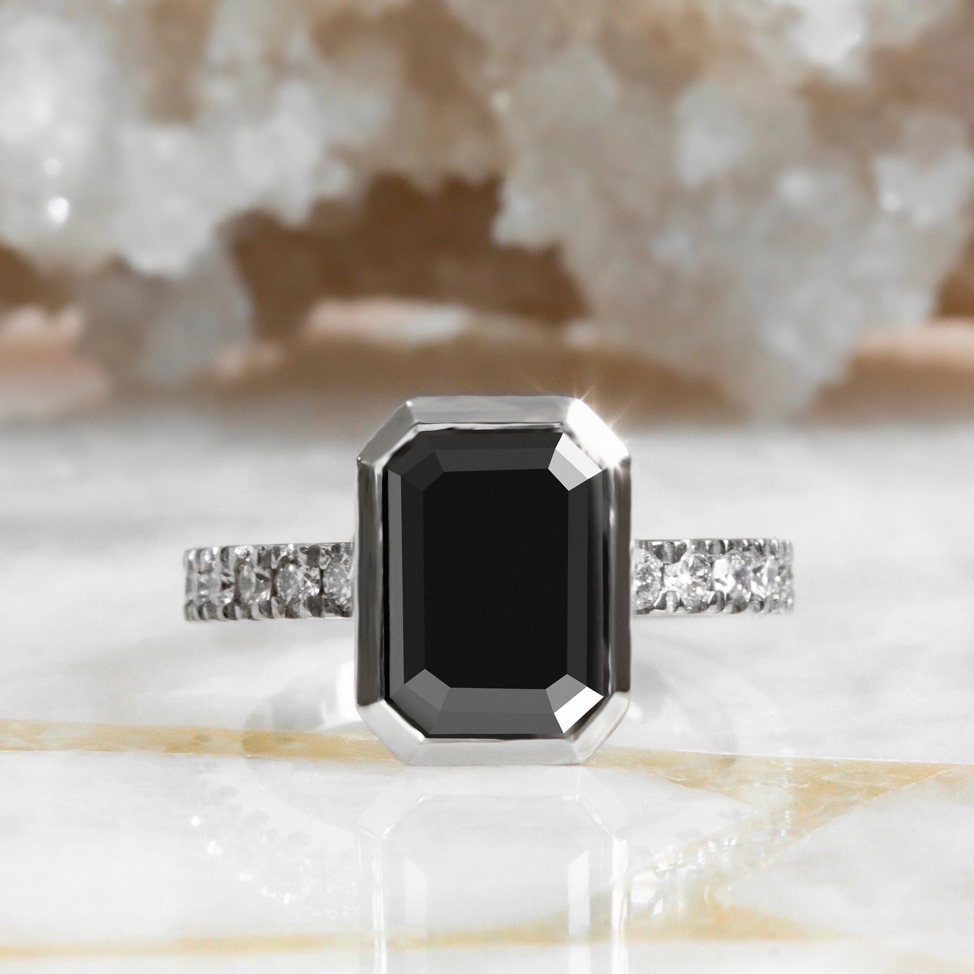 Bezel Natural Black Diamond Emerald Engagement Ring