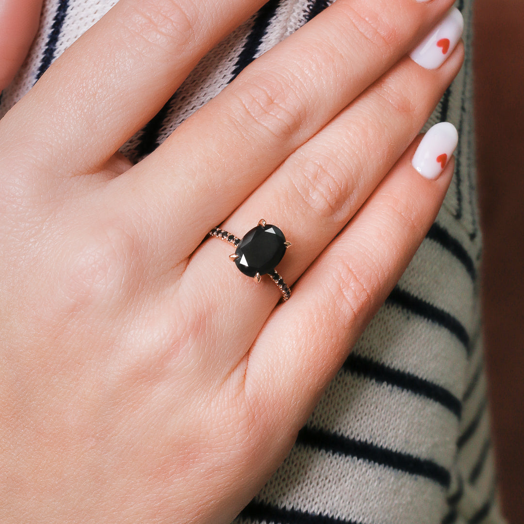Black & White  Natural Black Diamond Oval Engagement Ring