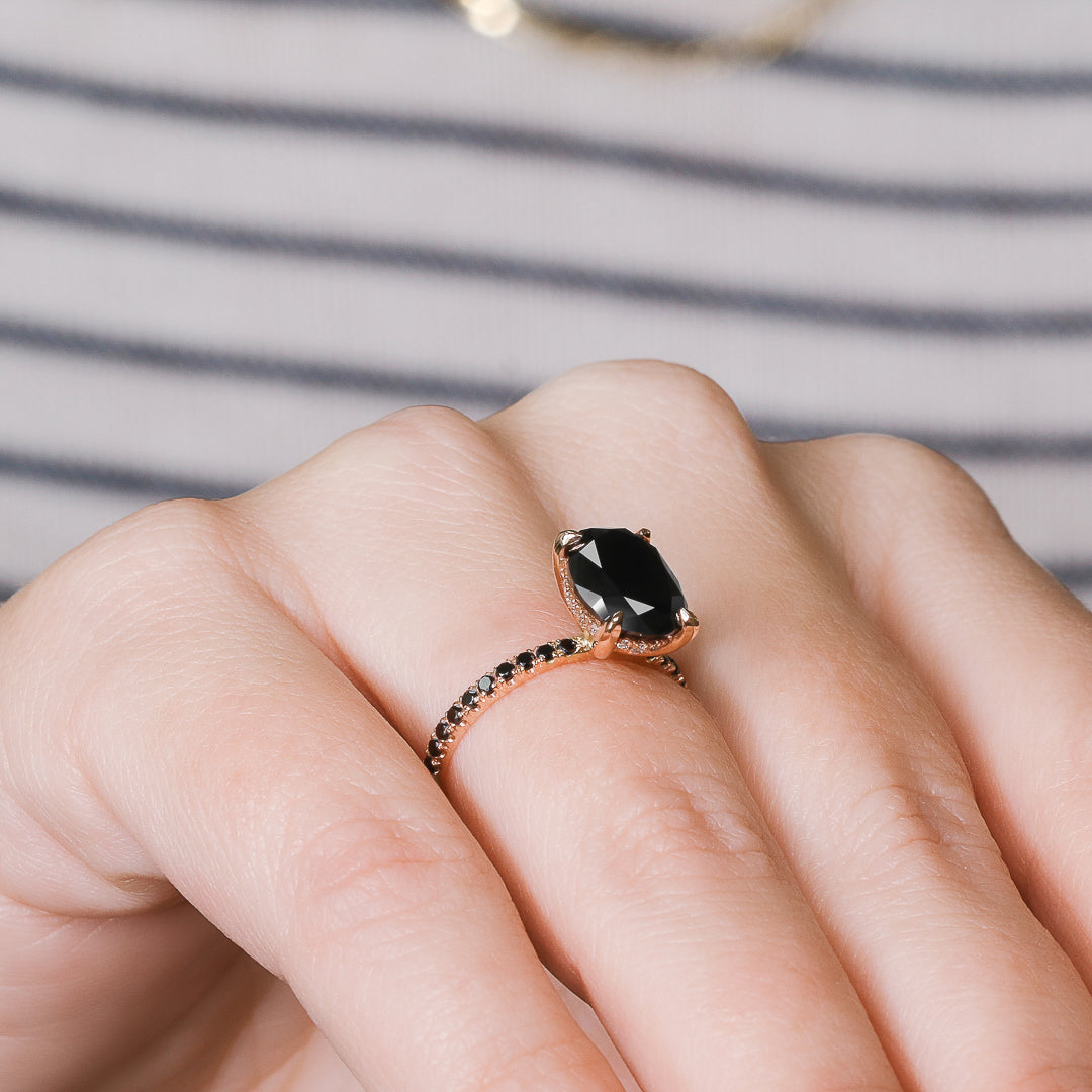 Black & White  Natural Black Diamond Oval Engagement Ring
