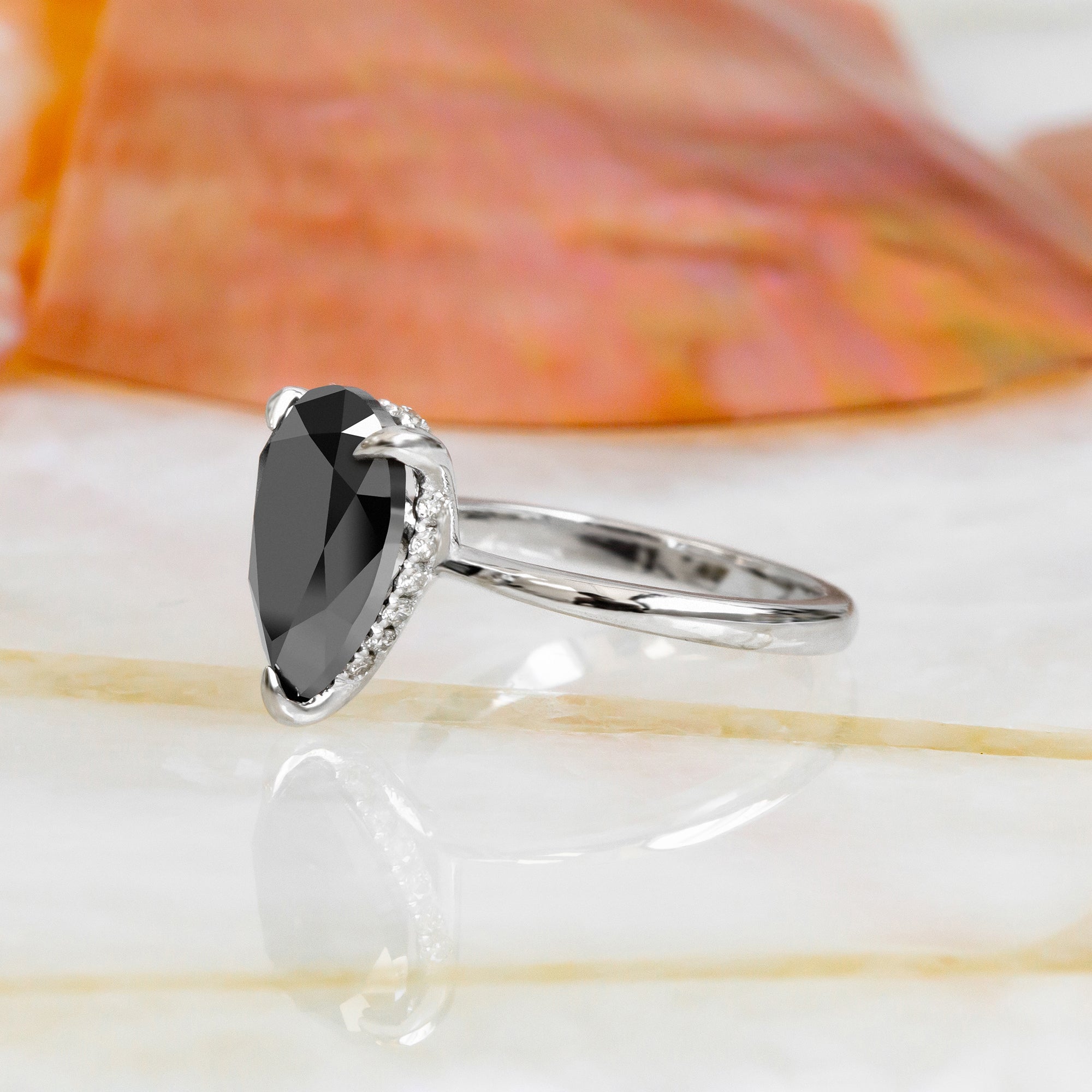 Hidden Halo Natural Black Diamond Pear Engagement Ring