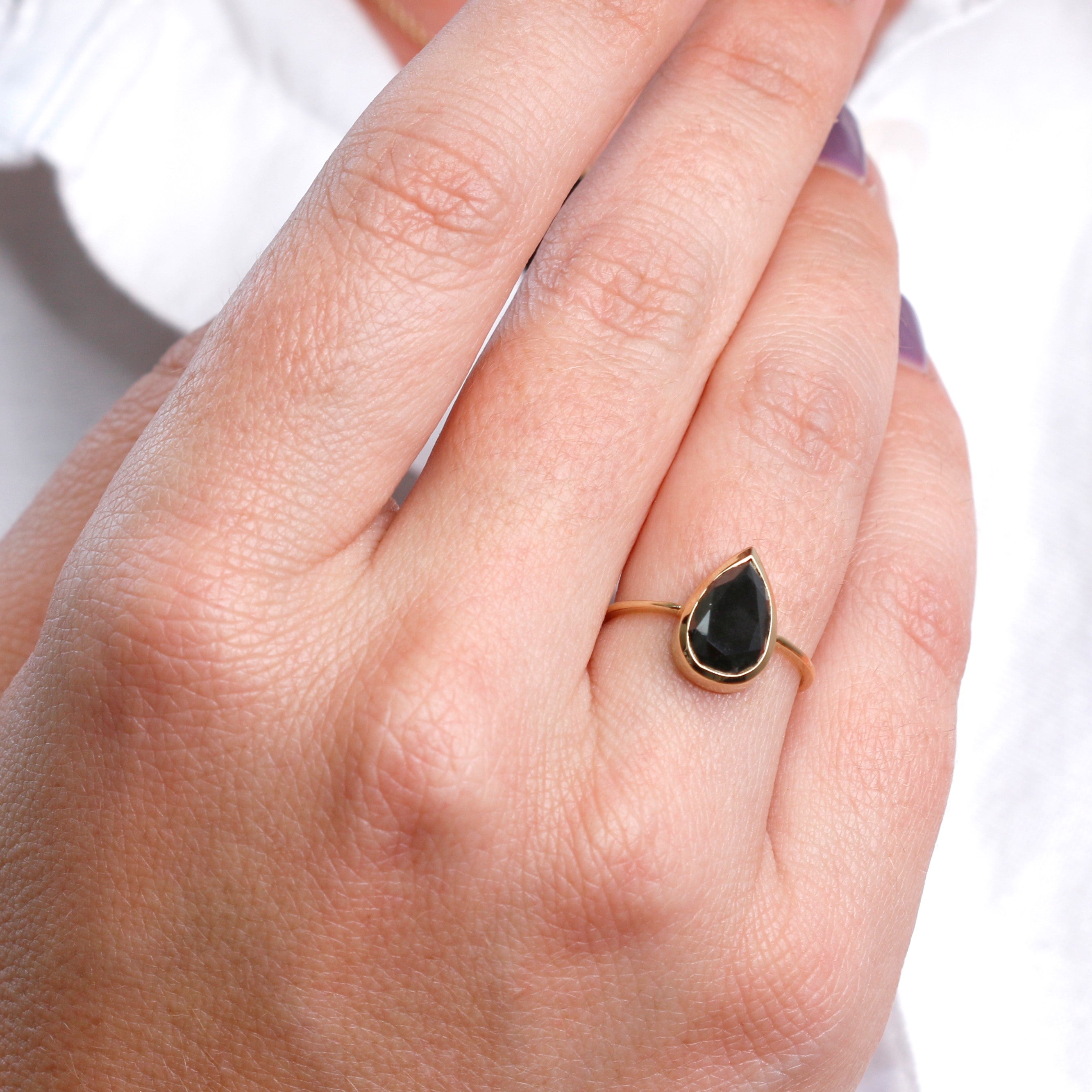 Bezel Natural Black Diamond Pear Cut Engagement Ring
