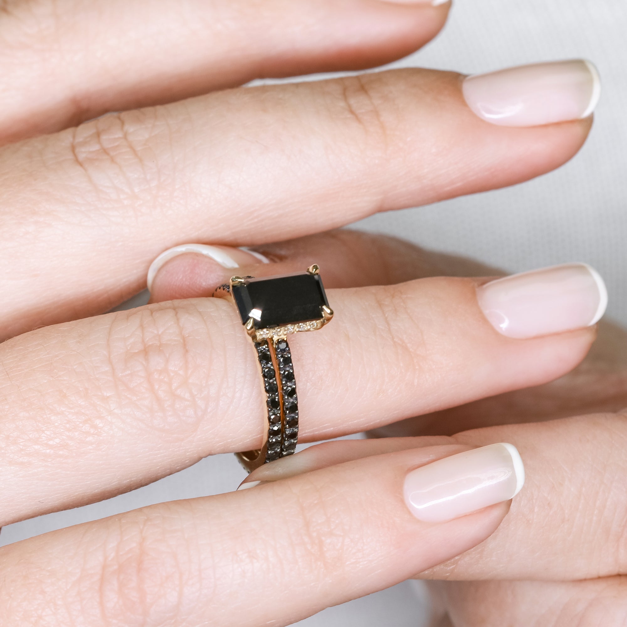 Unique Natural Black Diamond Emerald Engagement Ring