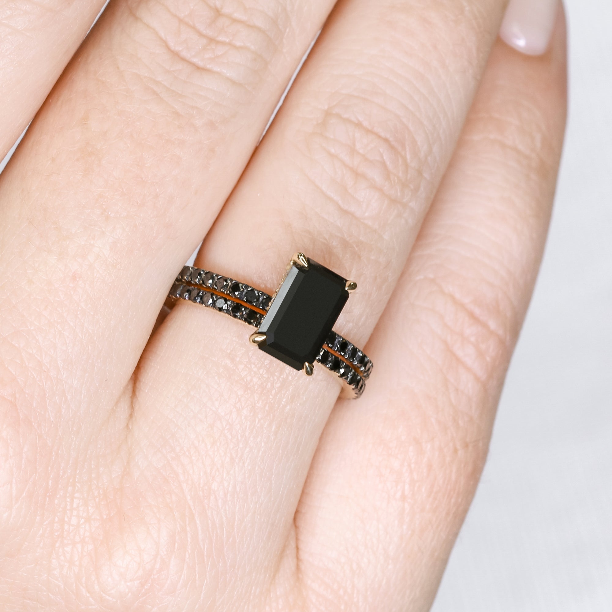 Unique Natural Black Diamond Emerald Engagement Ring