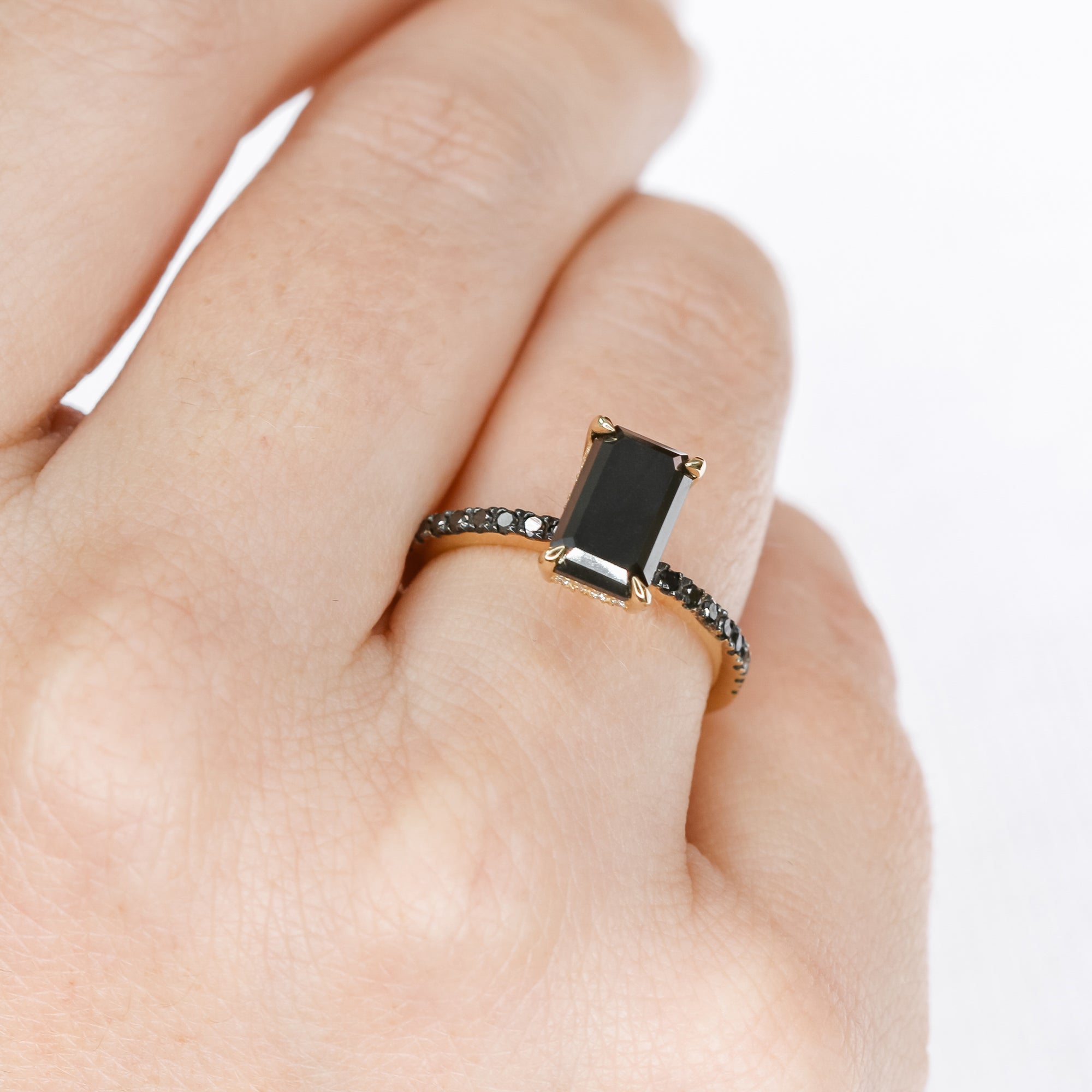 Unique Natural Black Diamond Emerald Engagement Ring