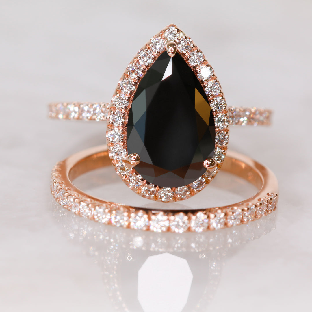 Black & White Natural Diamond Pear Cut Bridal Set in Rose Gold
