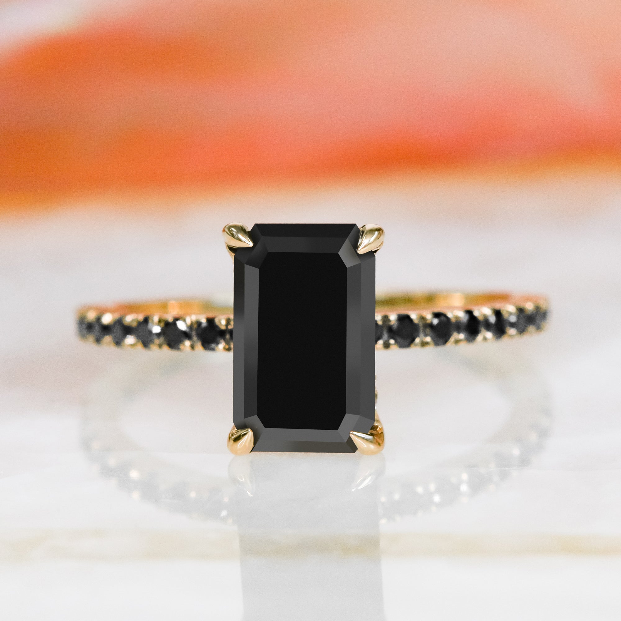 Unique Natural Black Diamond Emerald Engagement Ring