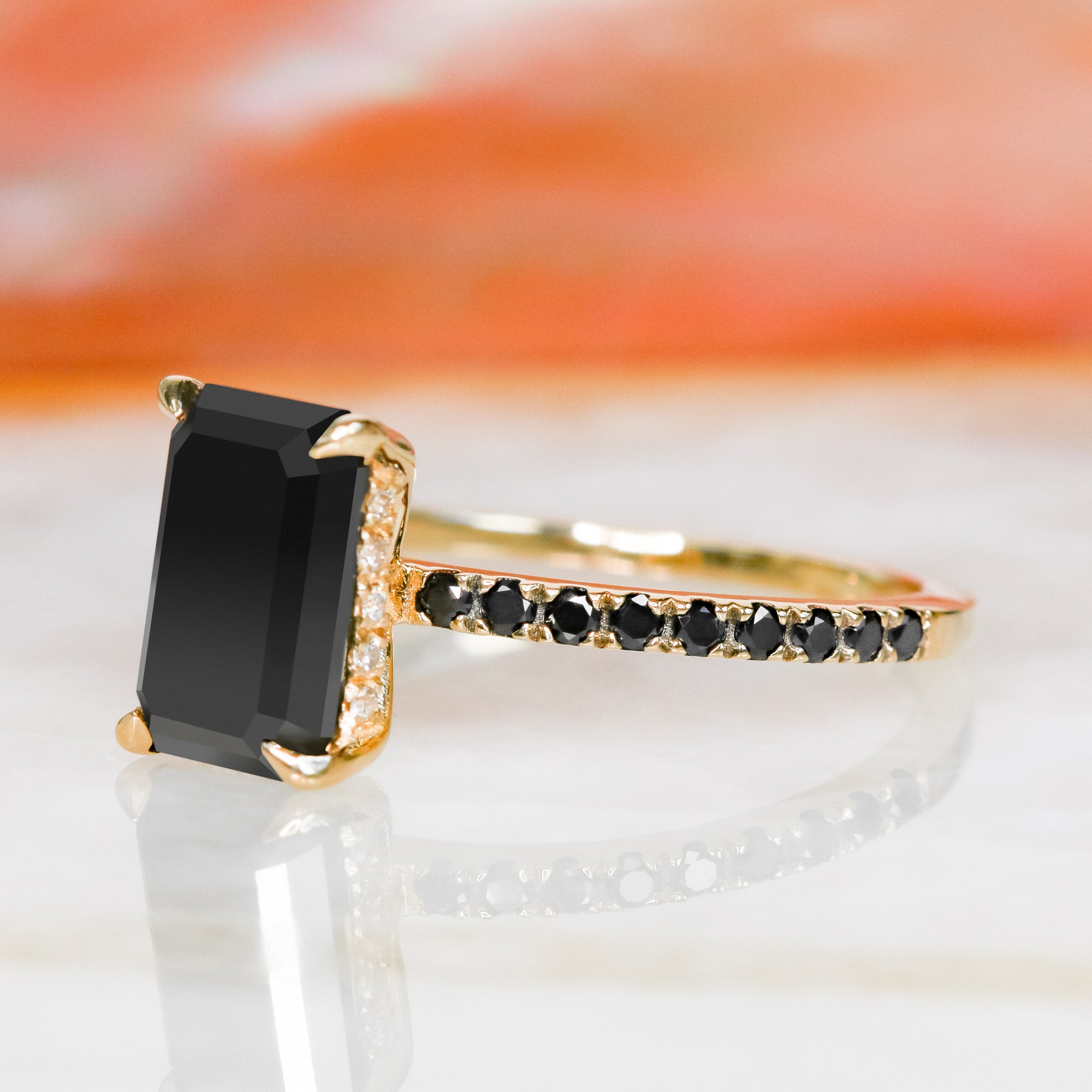 Unique Natural Black Diamond Emerald Engagement Ring