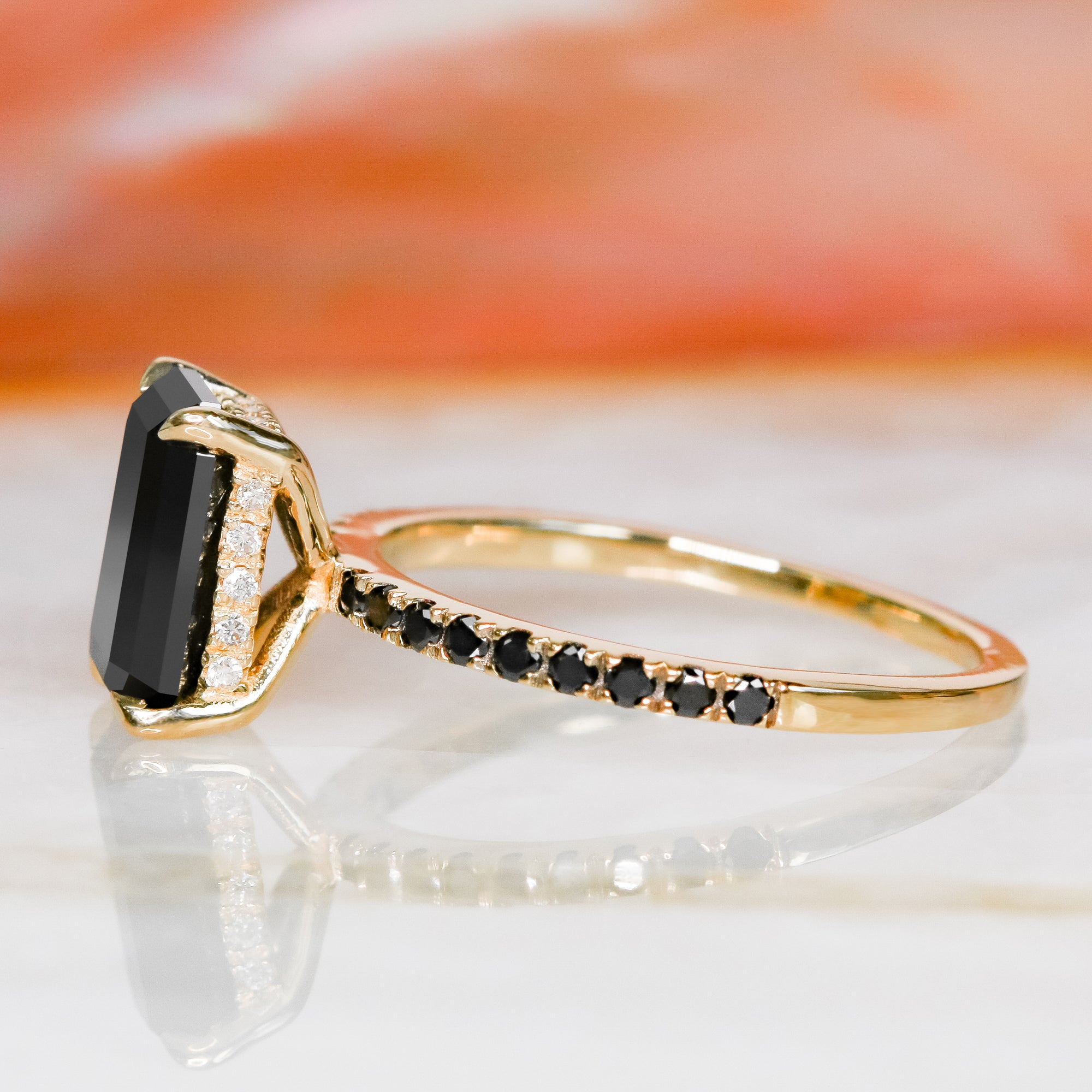 Unique Natural Black Diamond Emerald Engagement Ring