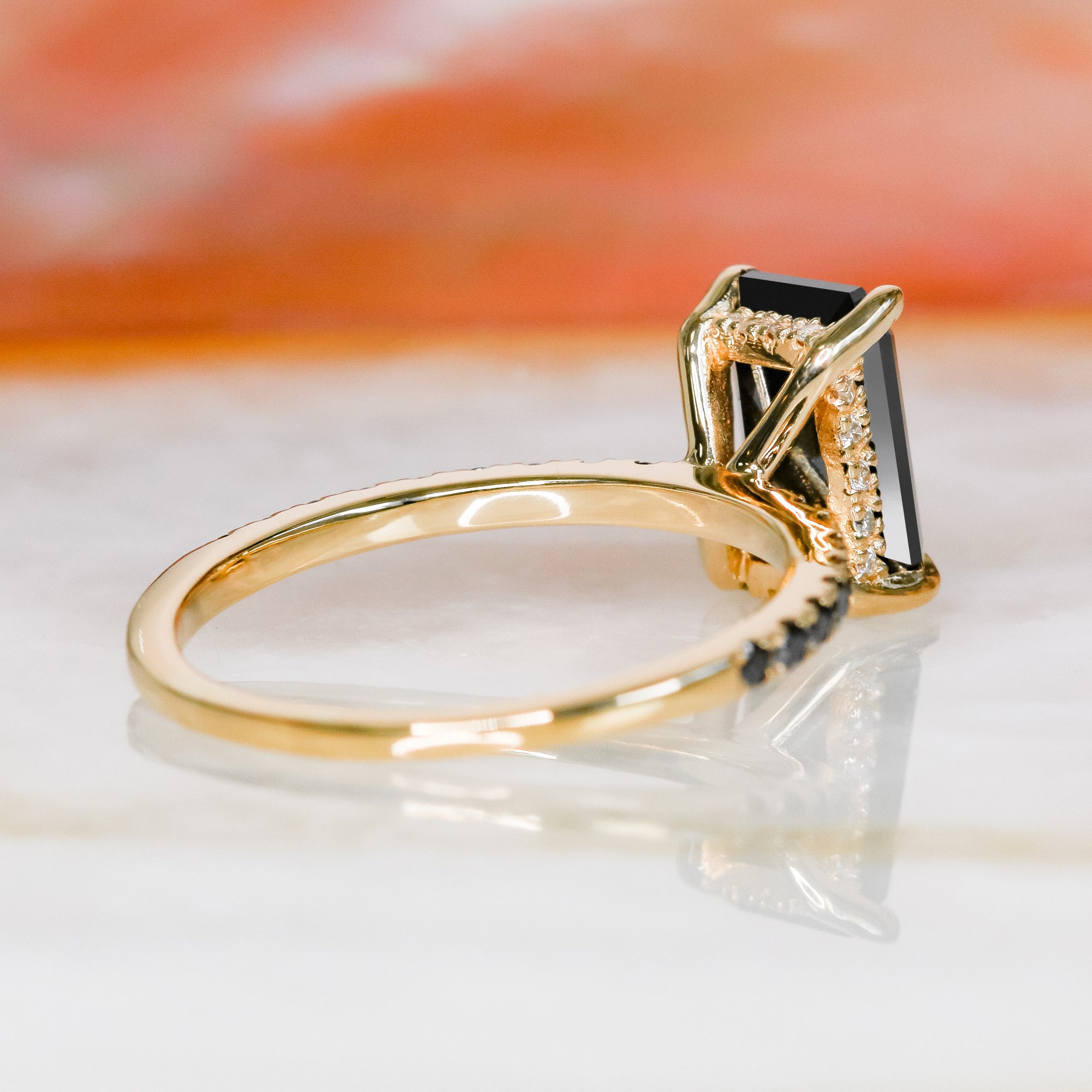 Unique Natural Black Diamond Emerald Engagement Ring