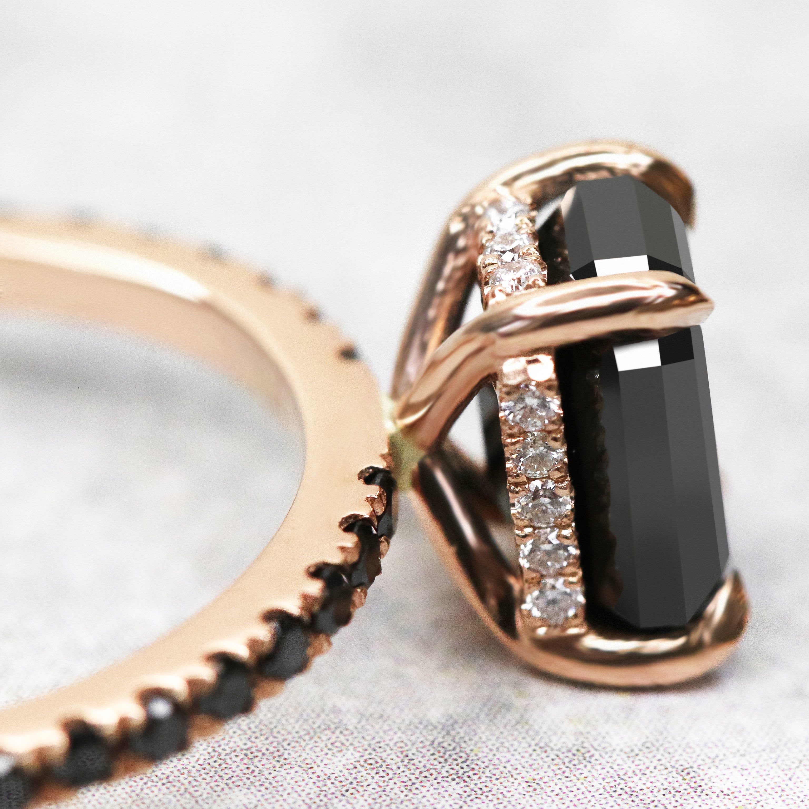 Unique Natural Black Diamond Emerald Cut Engagement Ring In Rose Gold