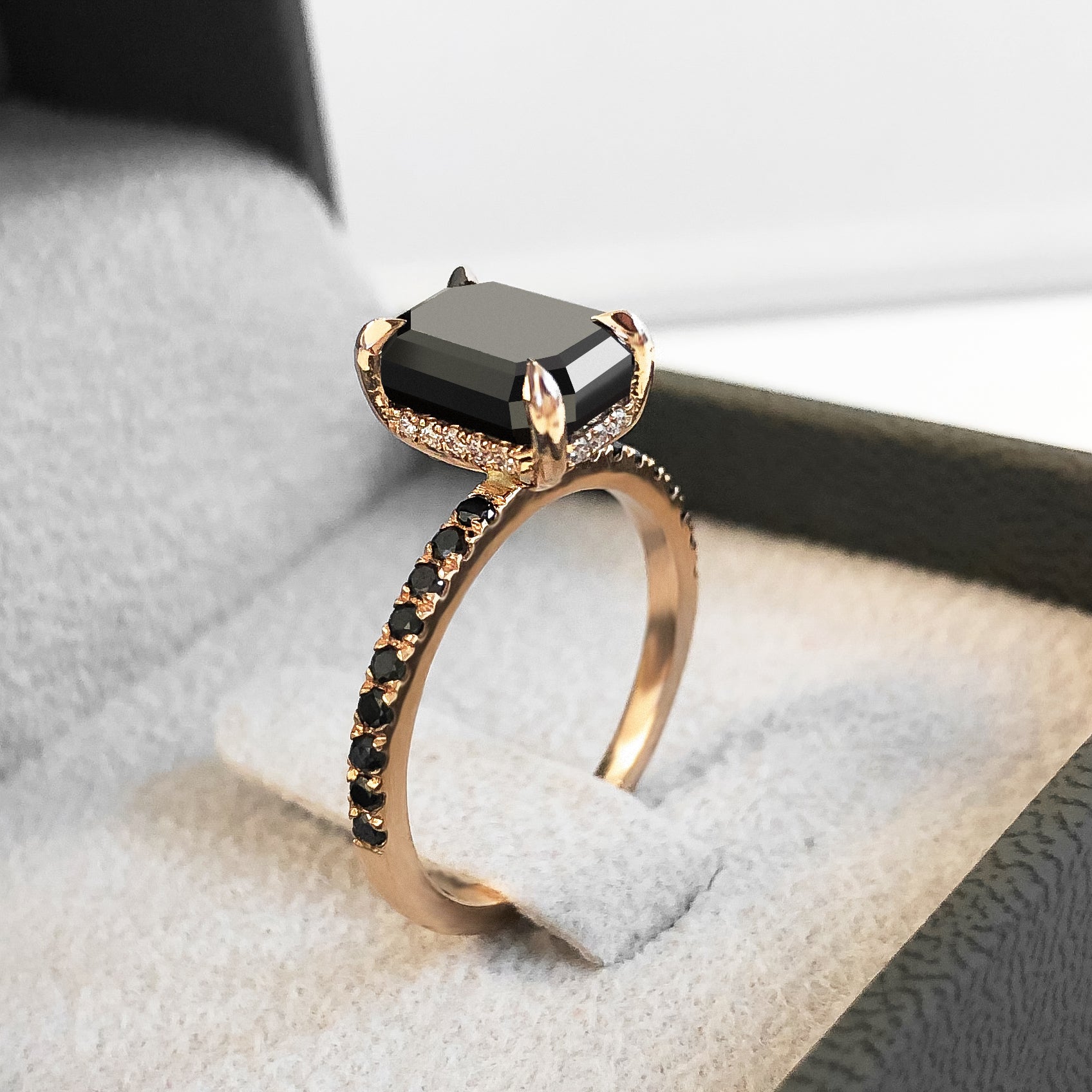 Unique Natural Black Diamond Emerald Cut Engagement Ring In Rose Gold