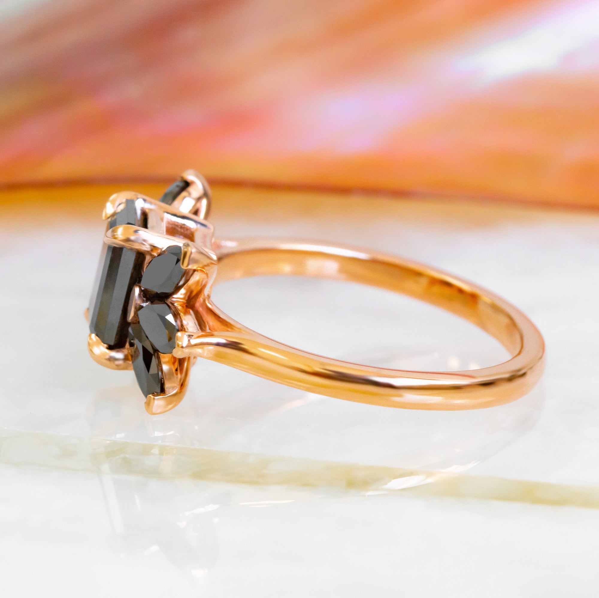 Natural Black Diamond Emerald Cut Engagement Ring