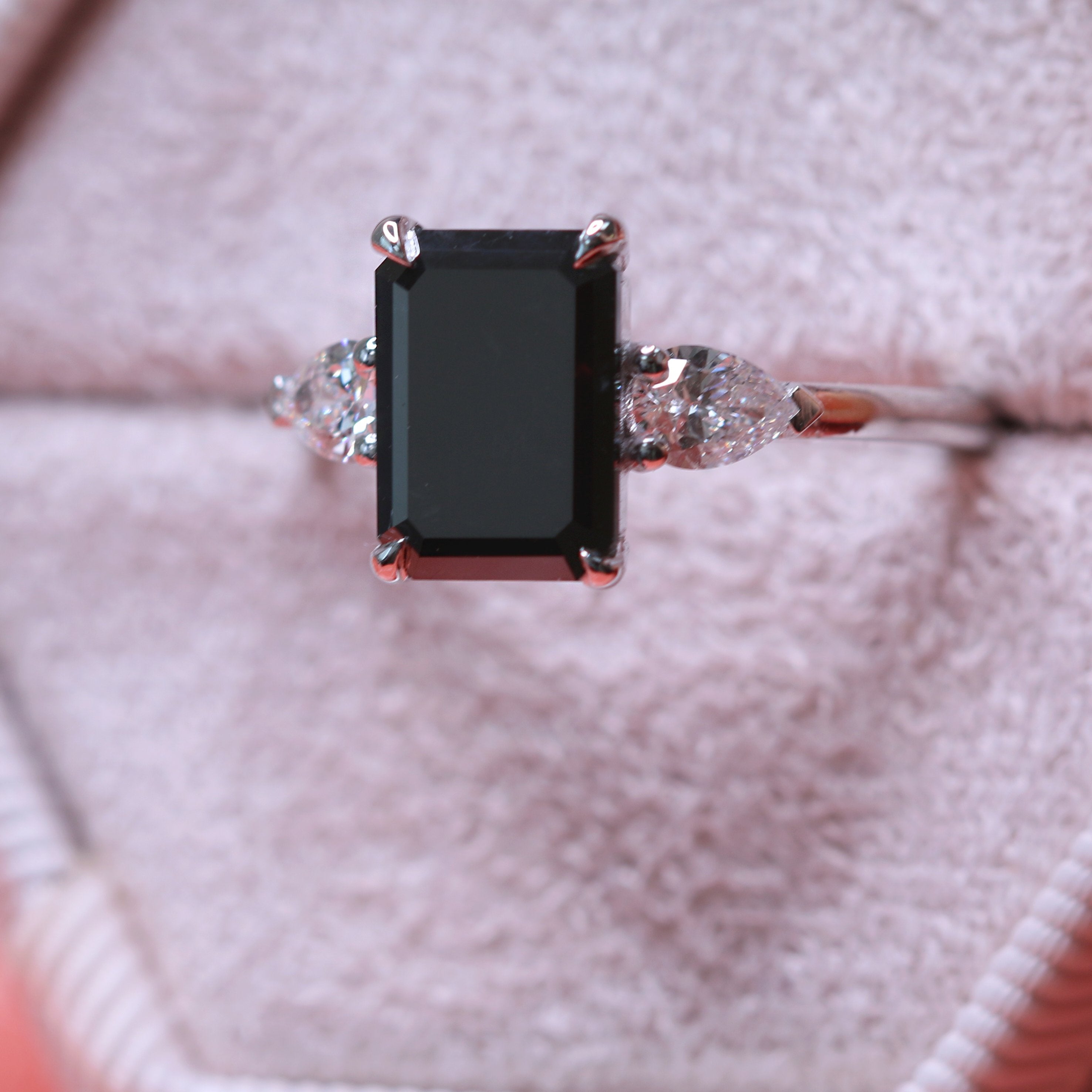 Unique  Natural Black Diamond Emerald Engagement Ring