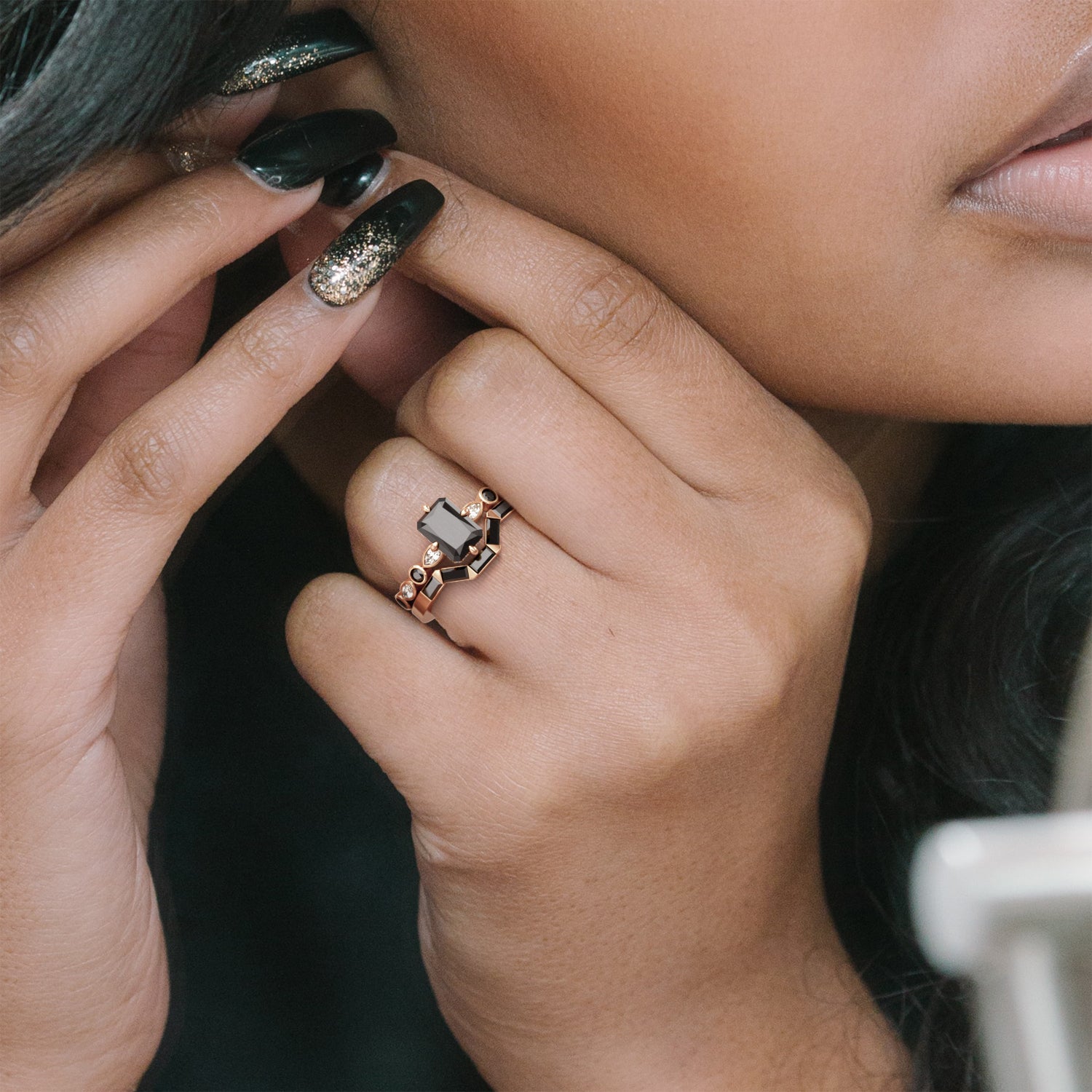 Black Widow - Geometric Wedding Ring with Baguette Cut Natural Black Diamonds