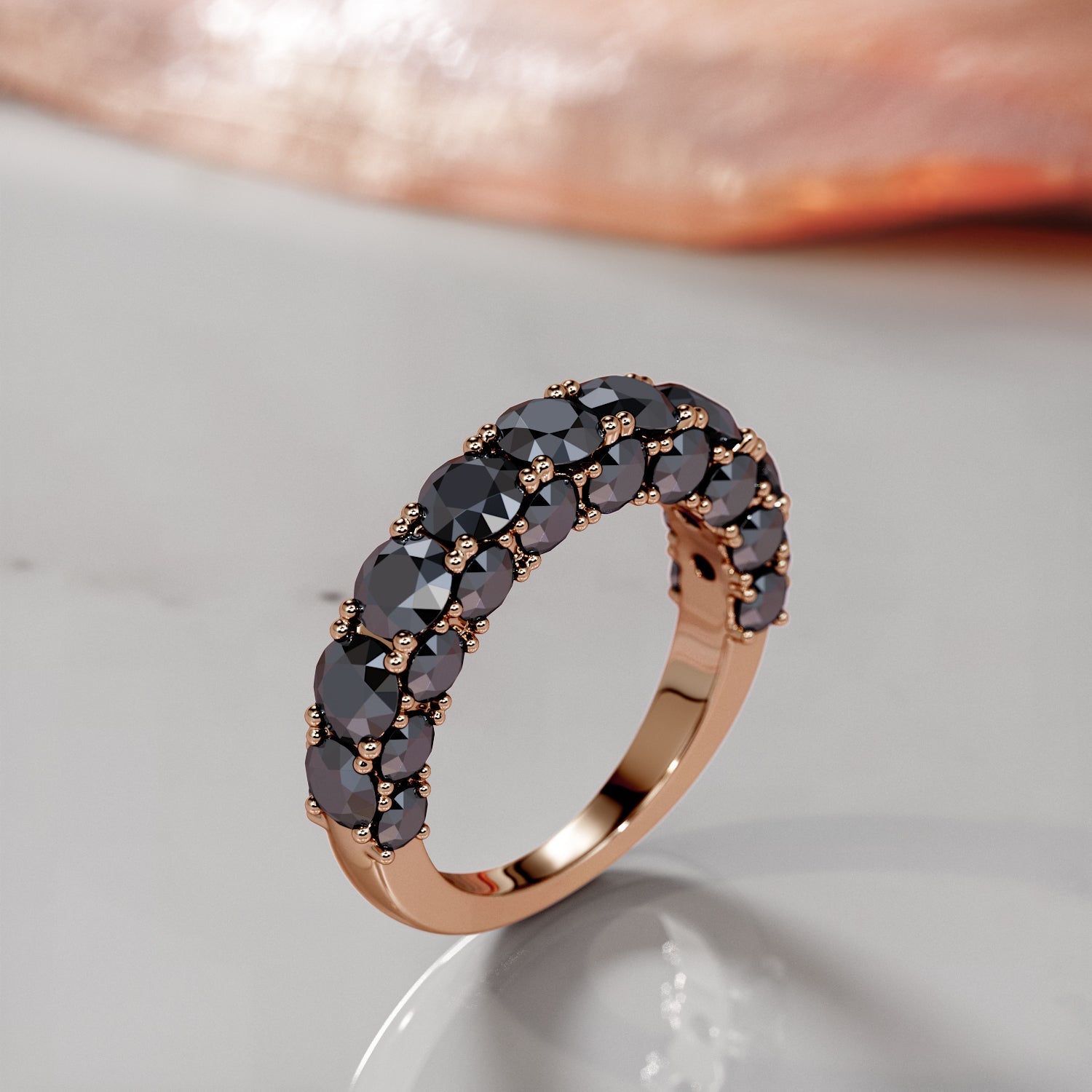 3-Row Wedding Ring with Round Cut Natural Black Diamonds