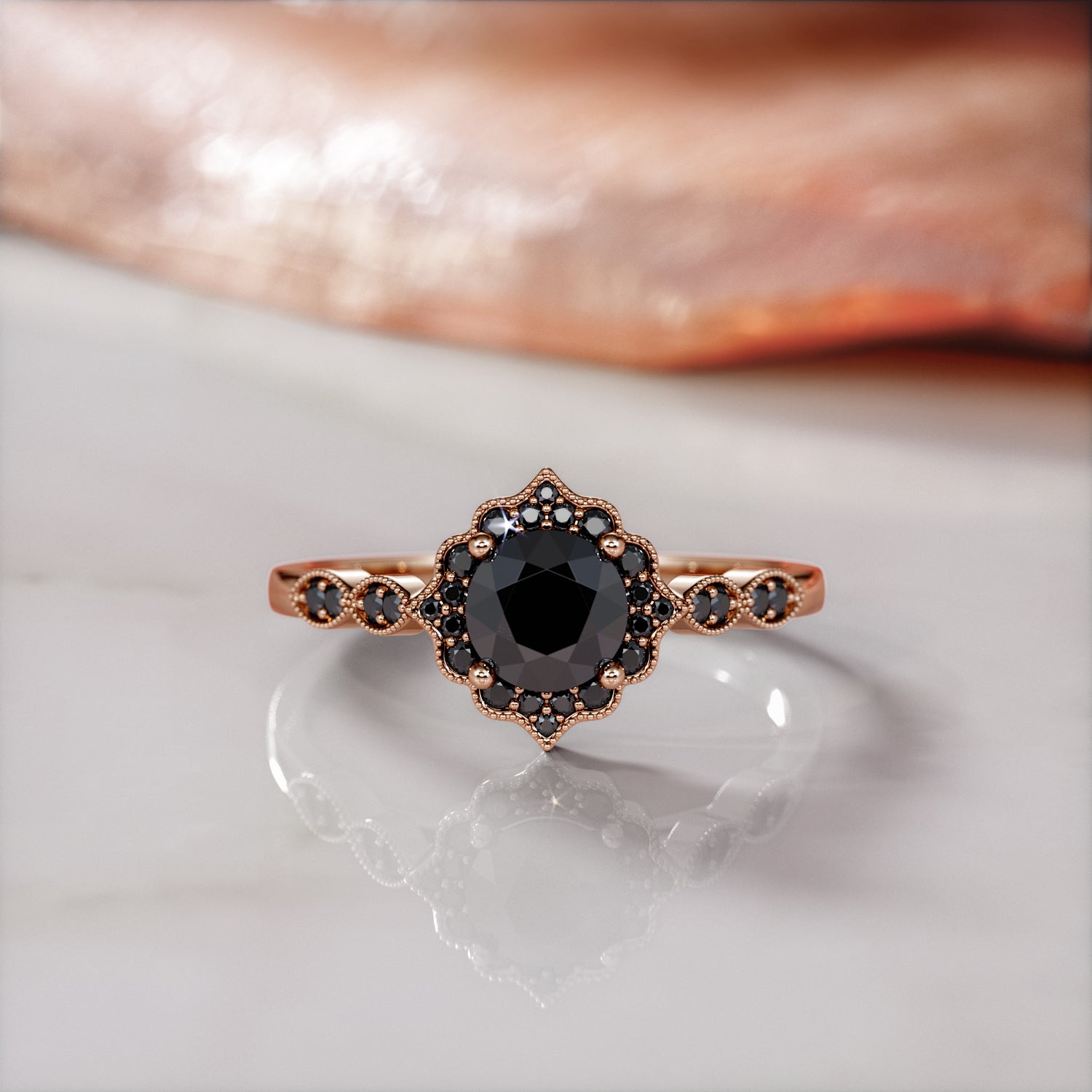 VIntage Halo  Natural Black Diamond Round Engagement Ring