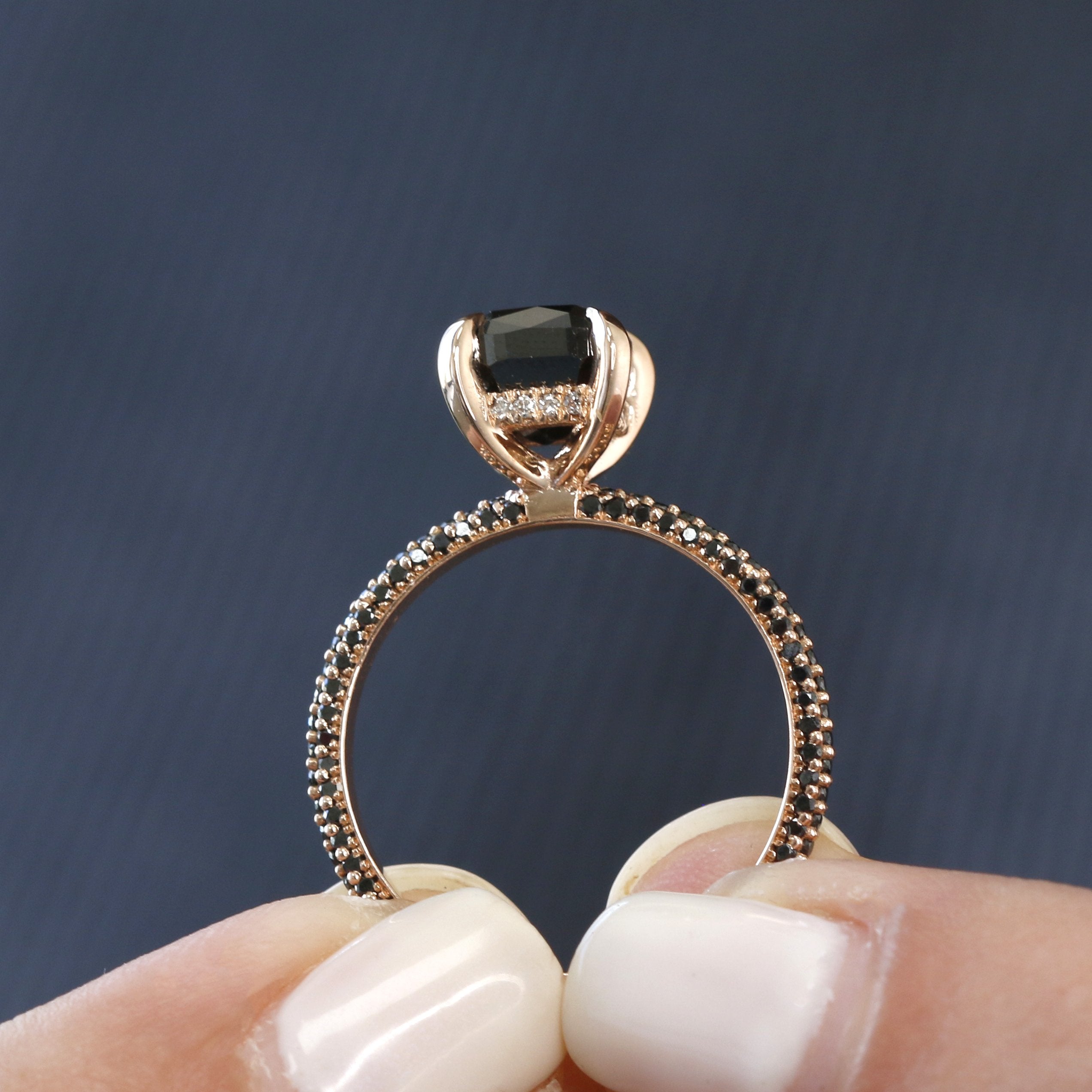 Unique  Natural Black & White Diamond Cushion Cut Engagement Ring