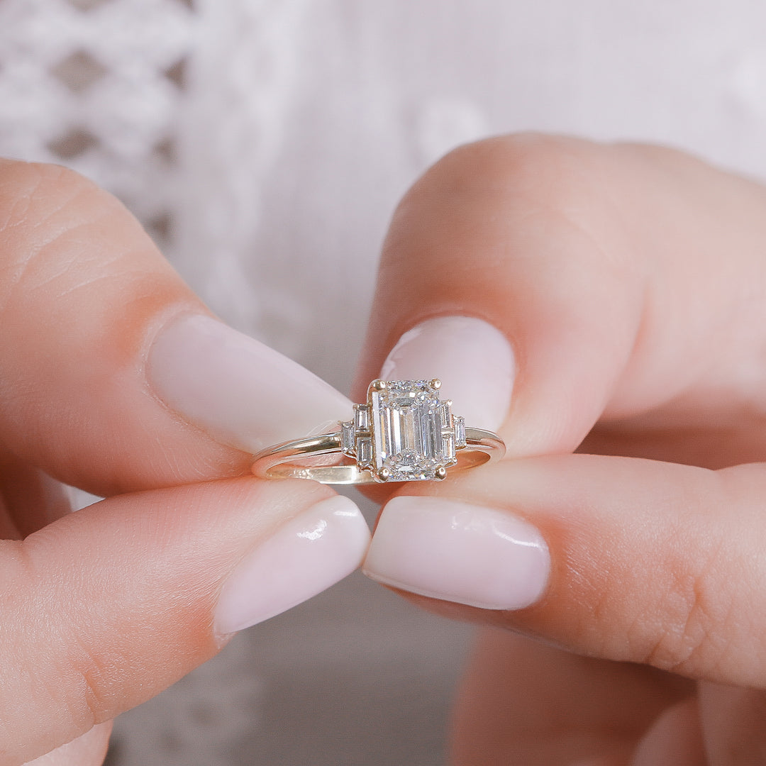 Bright Sky - 1 Carat Natural Emerald & Baguette Cut Diamond Engagement Ring