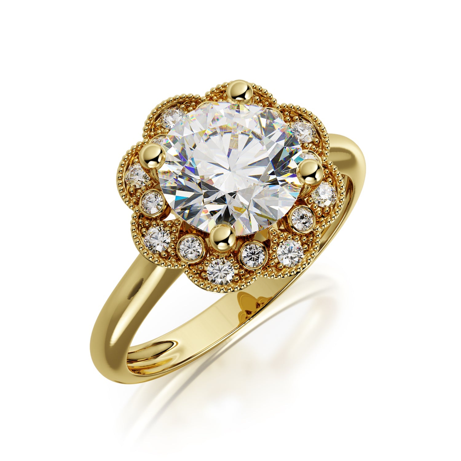 Decorative Halo Natural Round  Diamond Engagement Ring