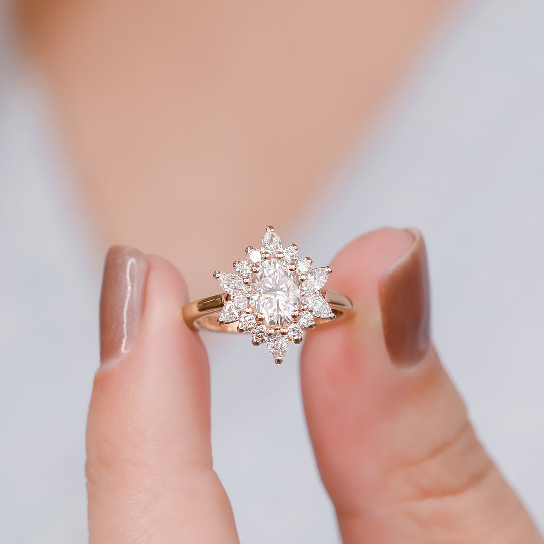 Floral Natural Oval Cut Diamond Engagement Ring