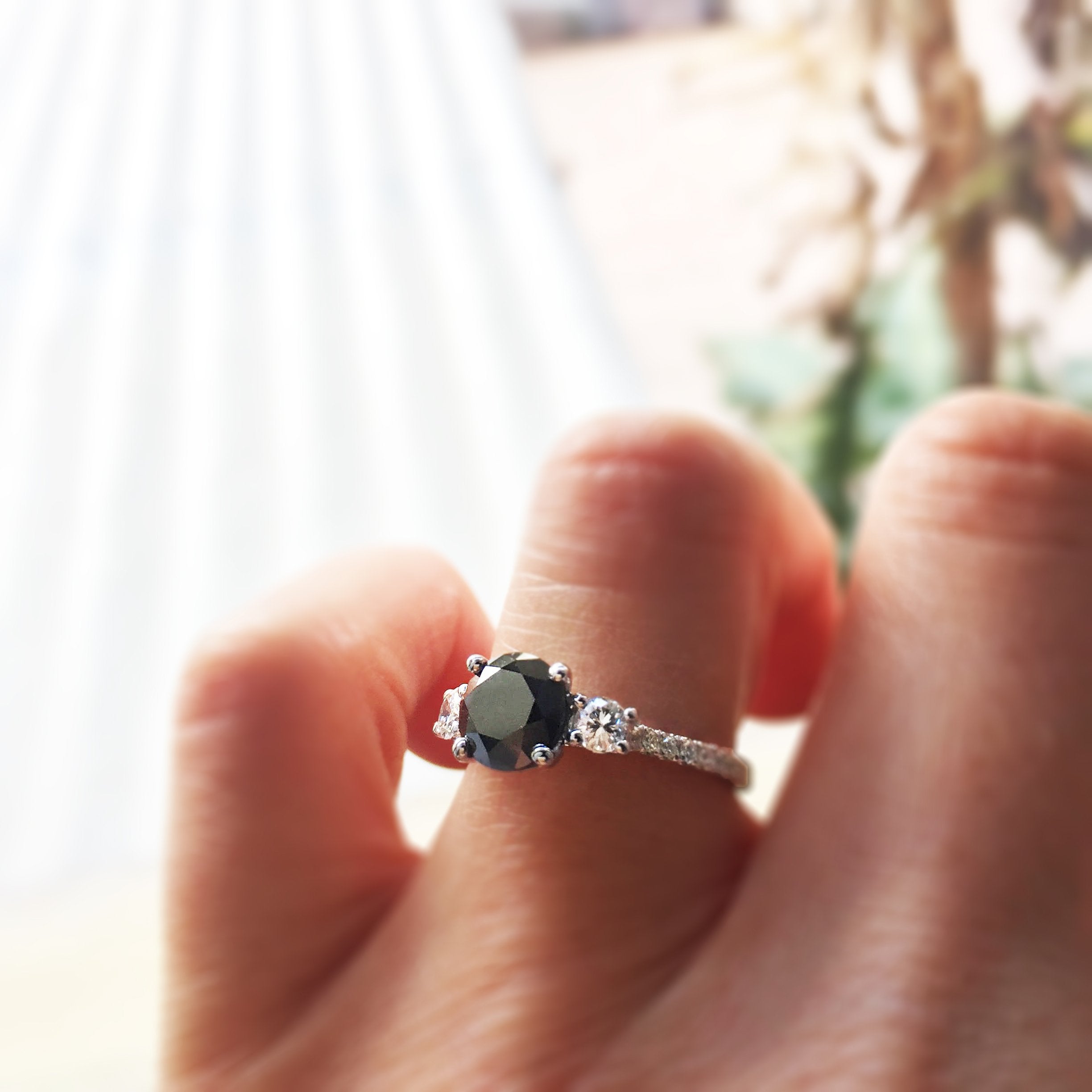 Unique  Natural Black Diamond Round Engagement Ring