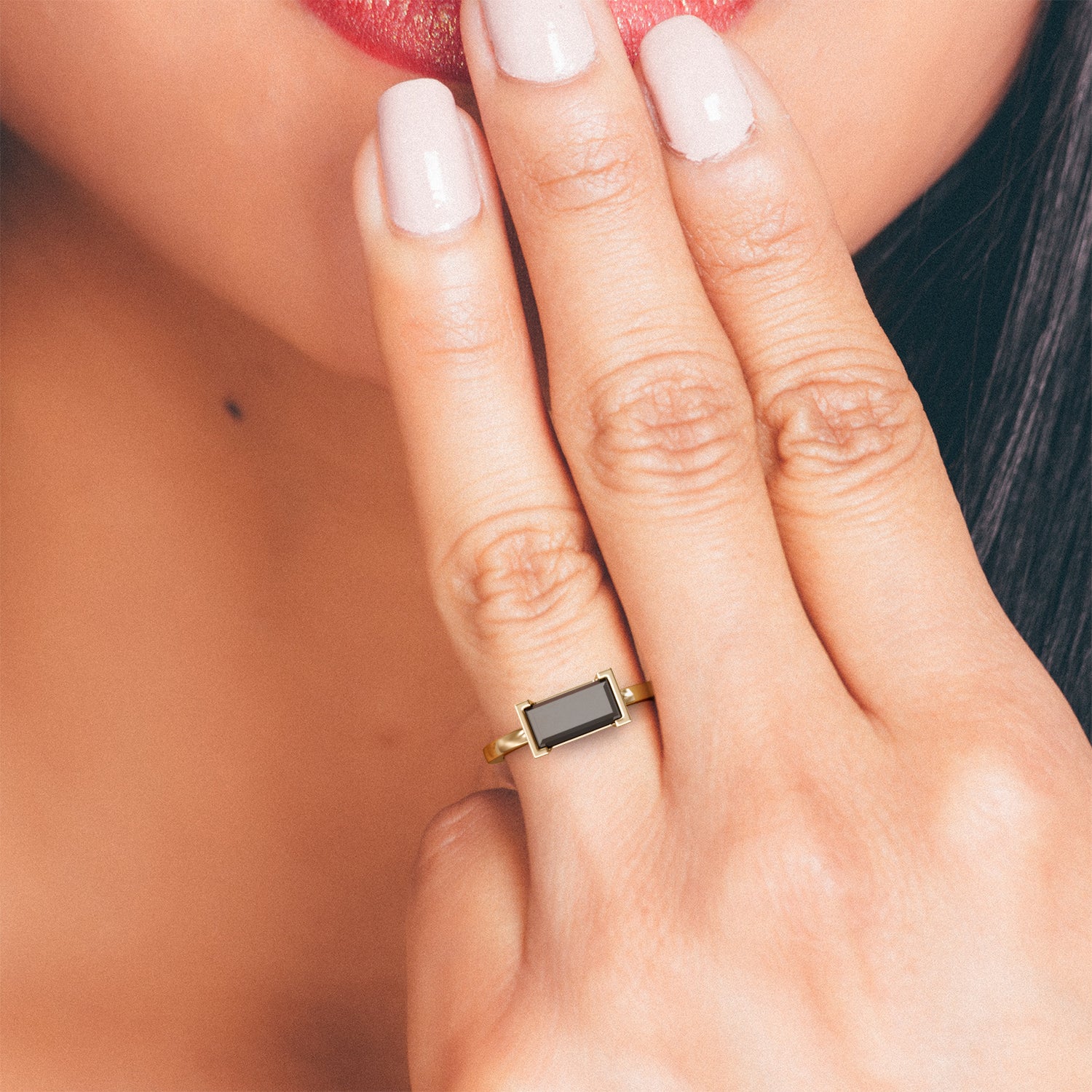 East West Natural Black Diamond Emerald Cut Engagement Ring