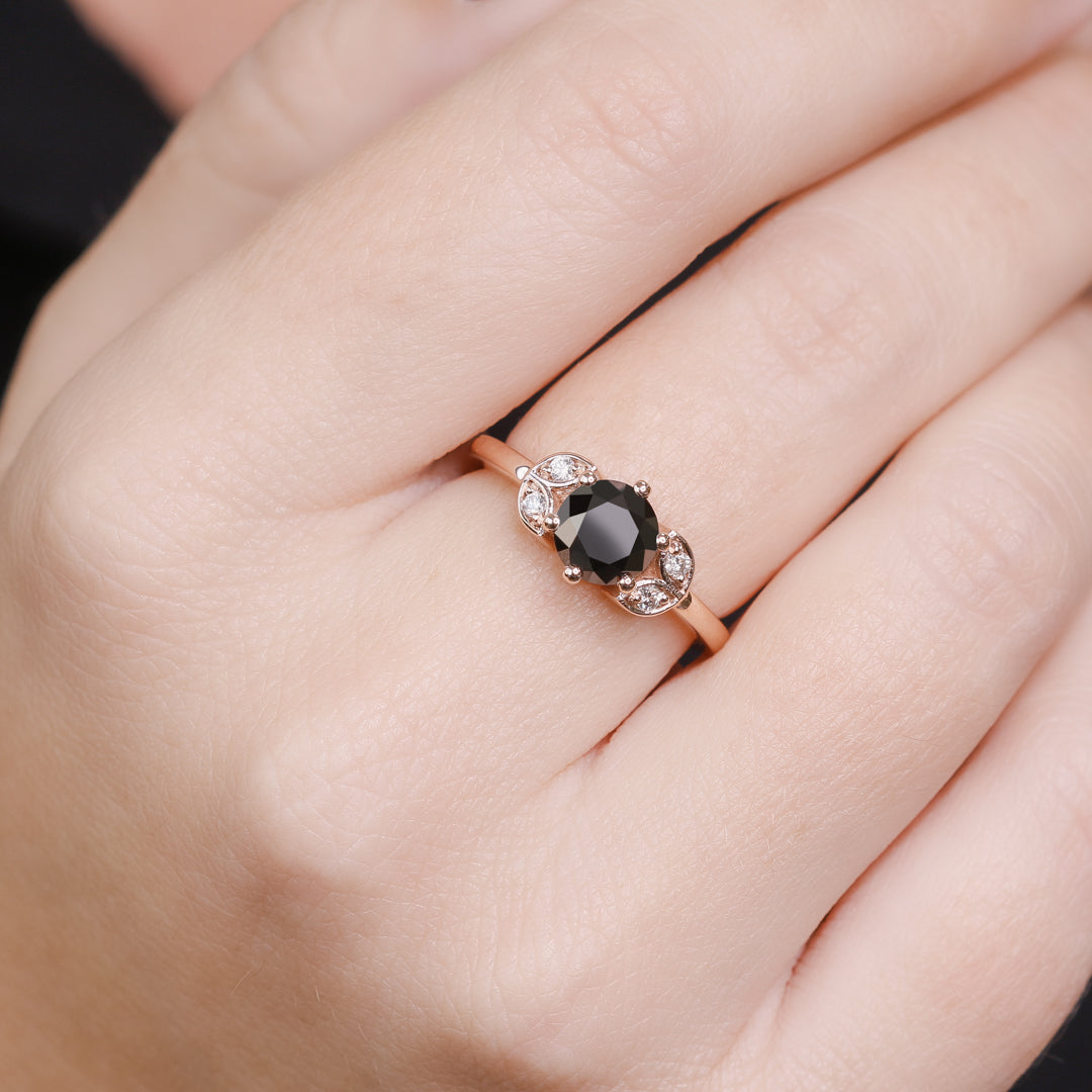 Floral  Natural Black Diamond Round Cut Engagement Ring