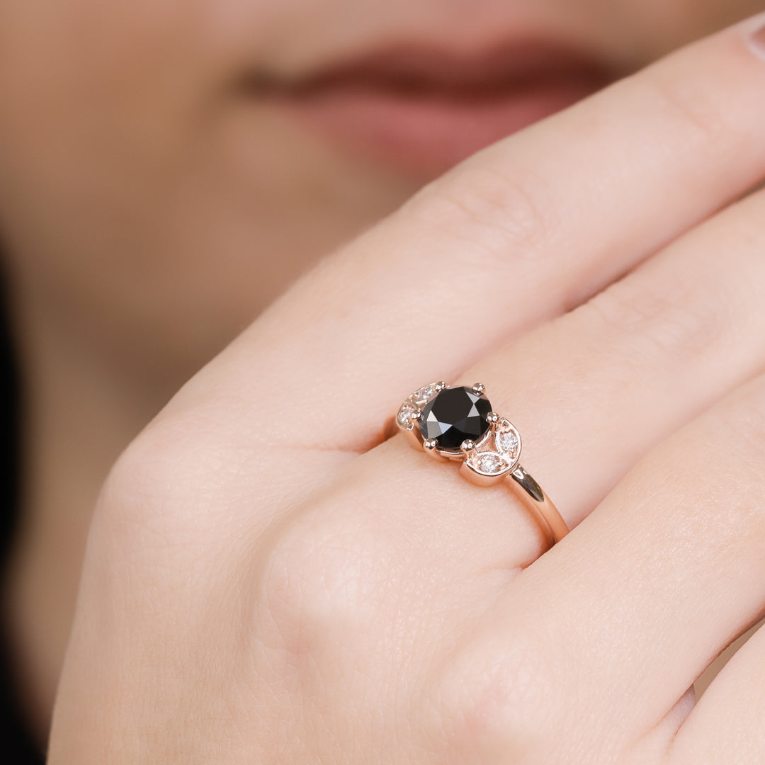 Floral  Natural Black Diamond Round Cut Engagement Ring