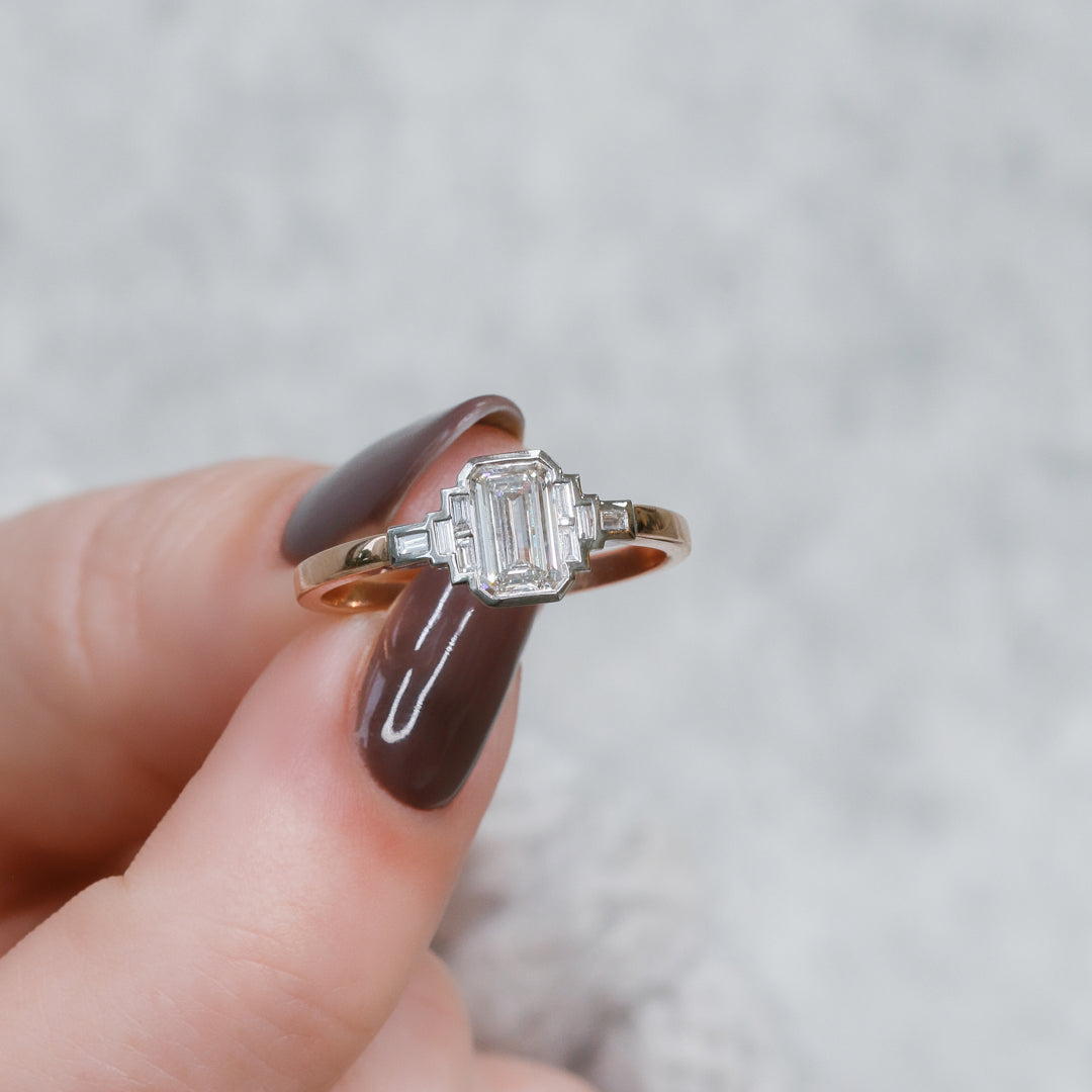 Emerald Cut & Baguette Art Deco Natural  Diamond Engagement Ring