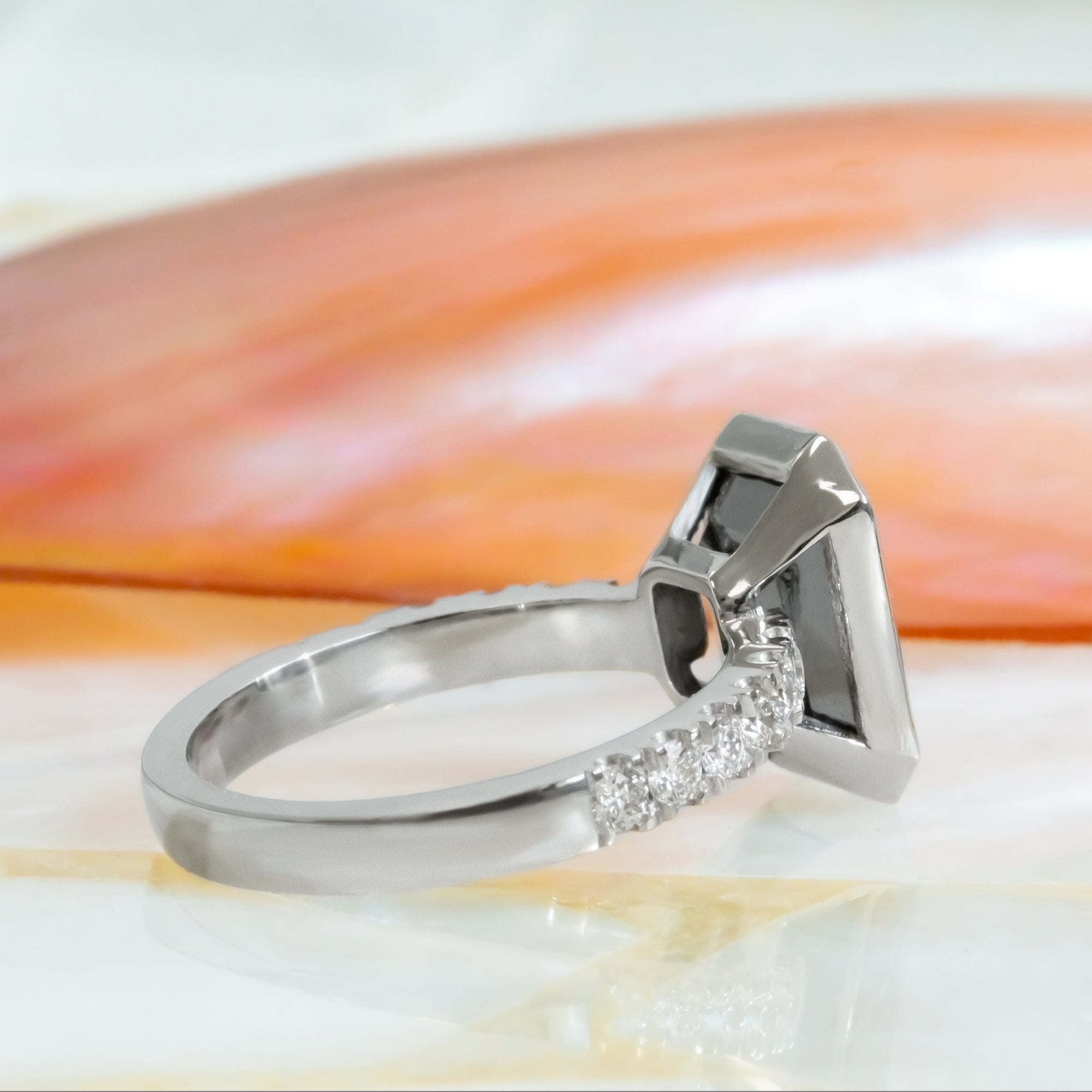 Bezel Natural Black Diamond Emerald Engagement Ring