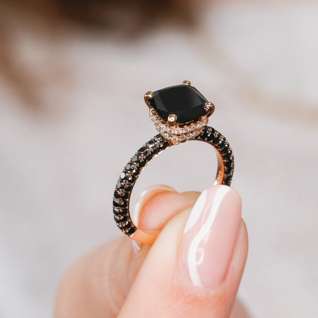 3.44 Carats Double Hidden Halo Three-Sided Black & White Natural Diamond Cushion Cut