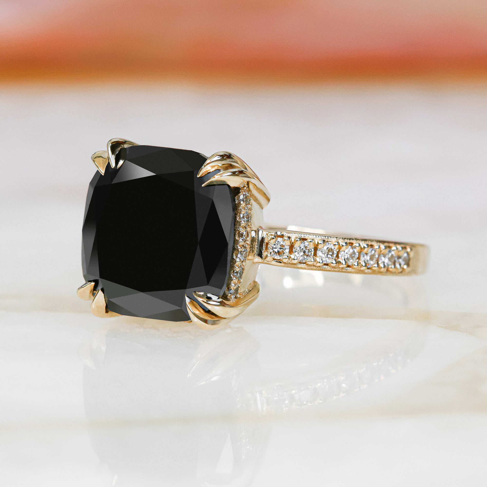 Art Deco Natural Black & White Diamond Cushion Engagement Ring