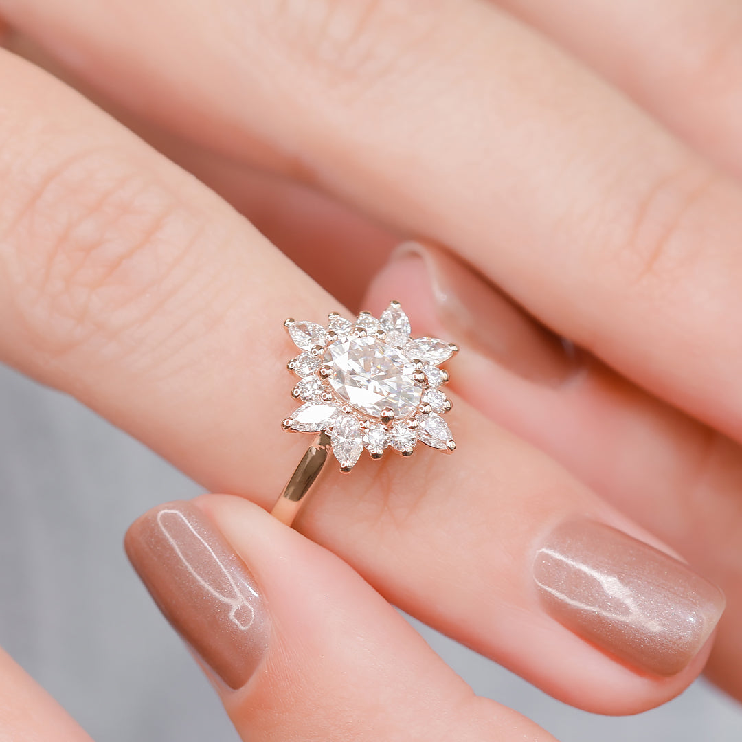 Floral Natural Oval Cut Diamond Engagement Ring