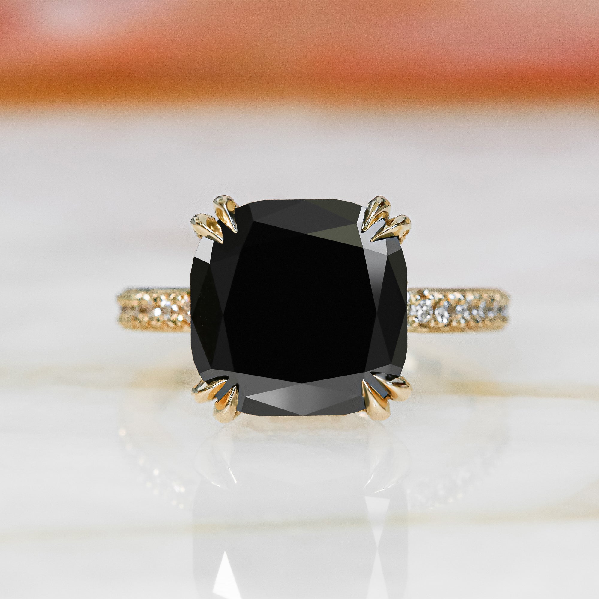 Art Deco Natural Black & White Diamond Cushion Engagement Ring