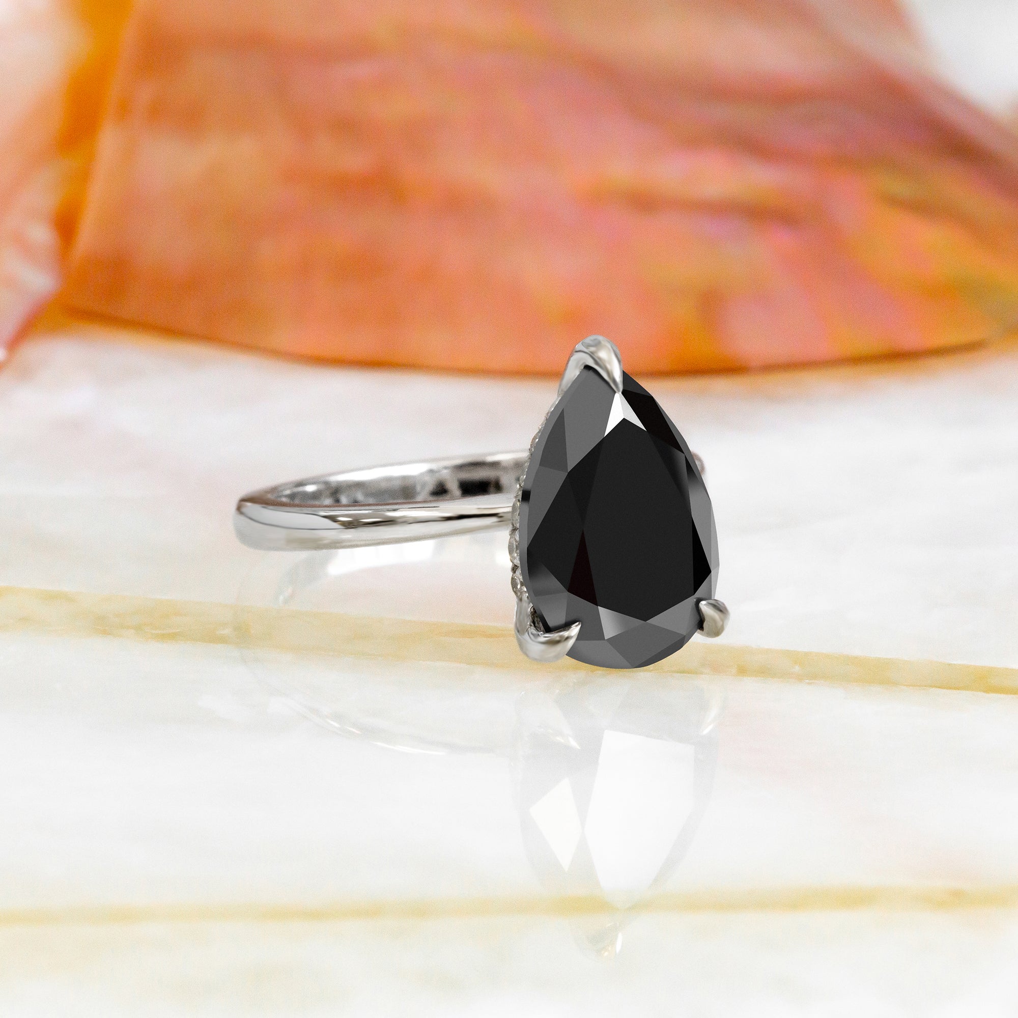 Hidden Halo Natural Black Diamond Pear Engagement Ring