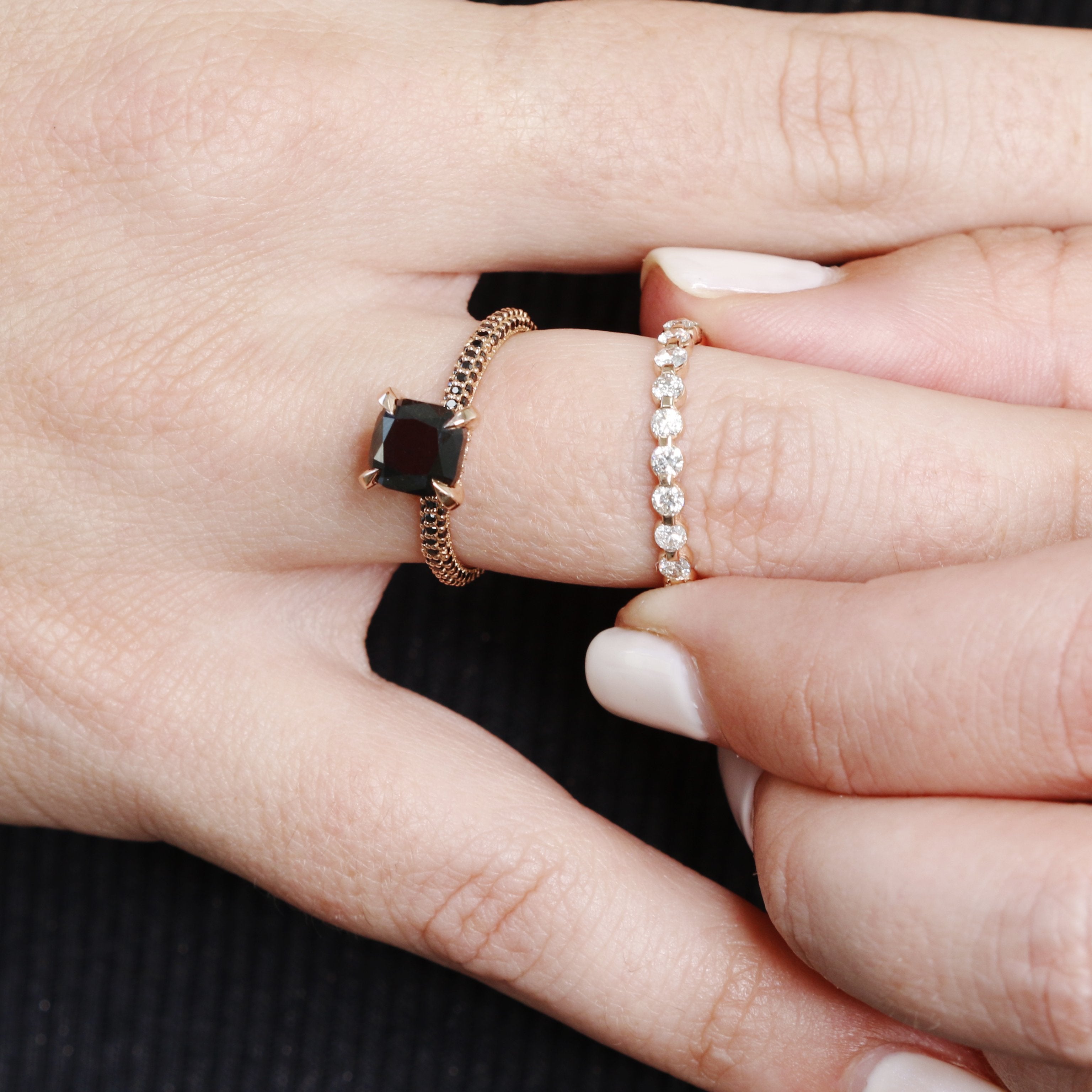 Unique  Natural Black & White Diamond Cushion Cut Engagement Ring