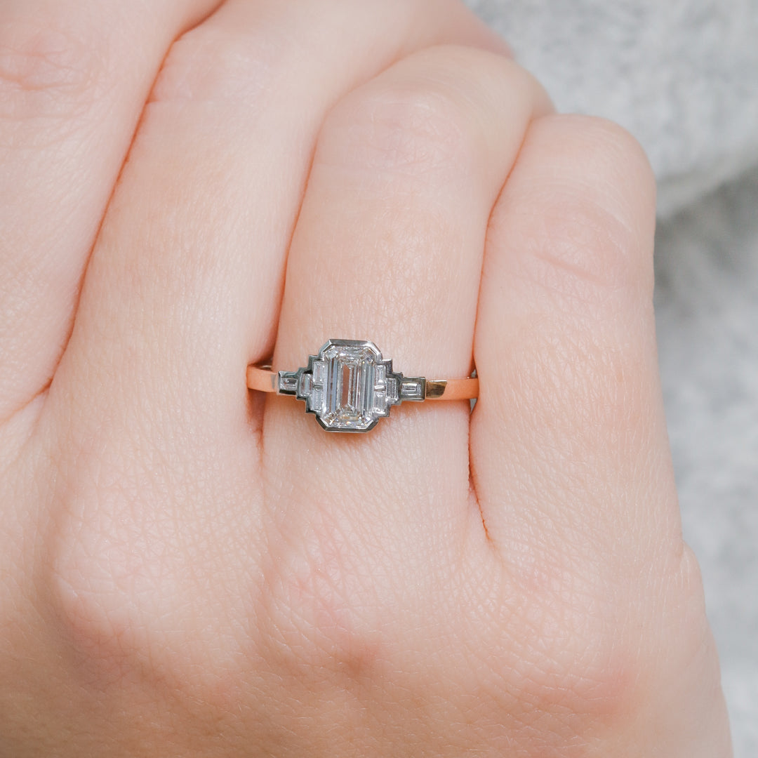 Emerald Cut & Baguette Art Deco Natural  Diamond Engagement Ring