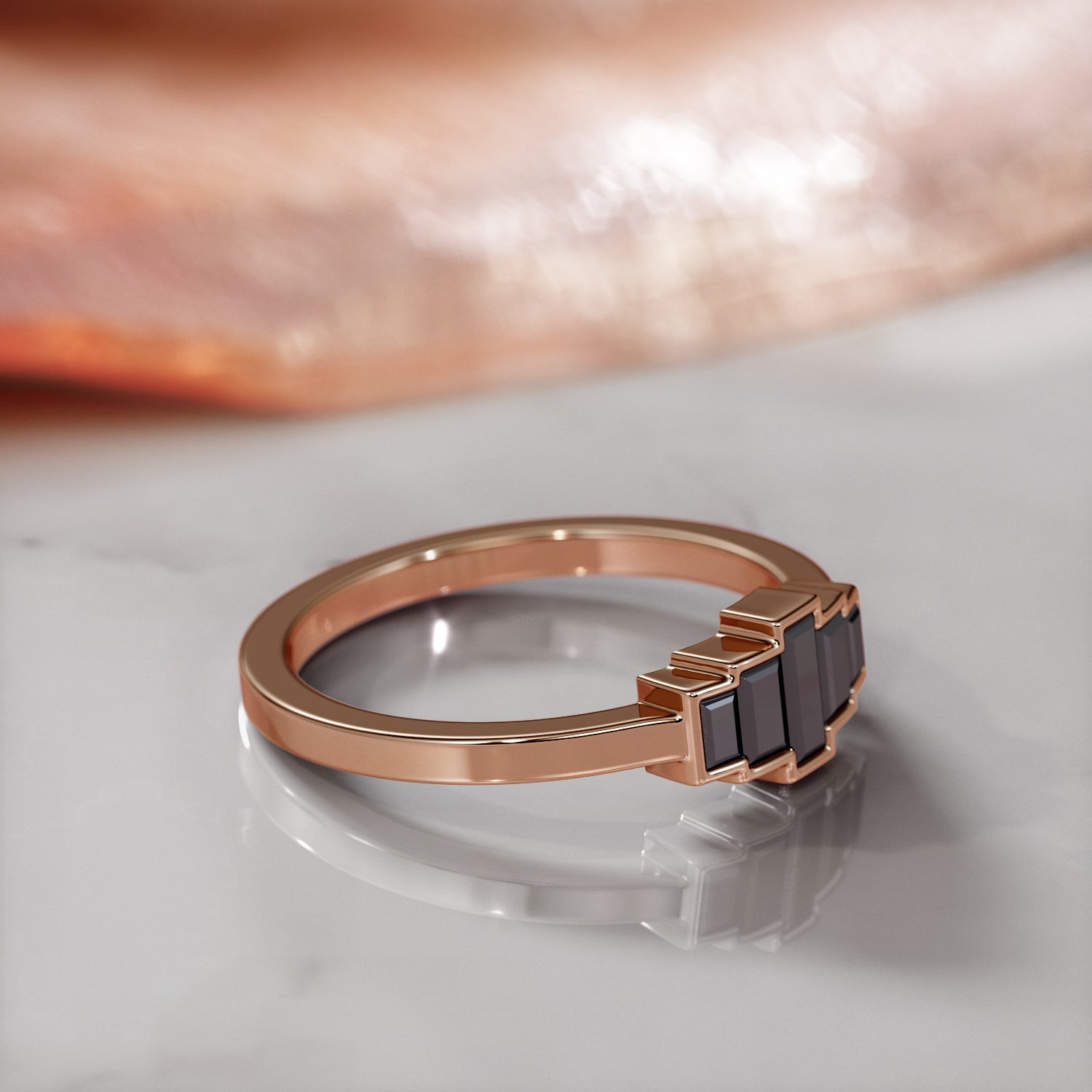 Geometric Natural Black Diamond Ring Set With Baguette Cut Diamonds