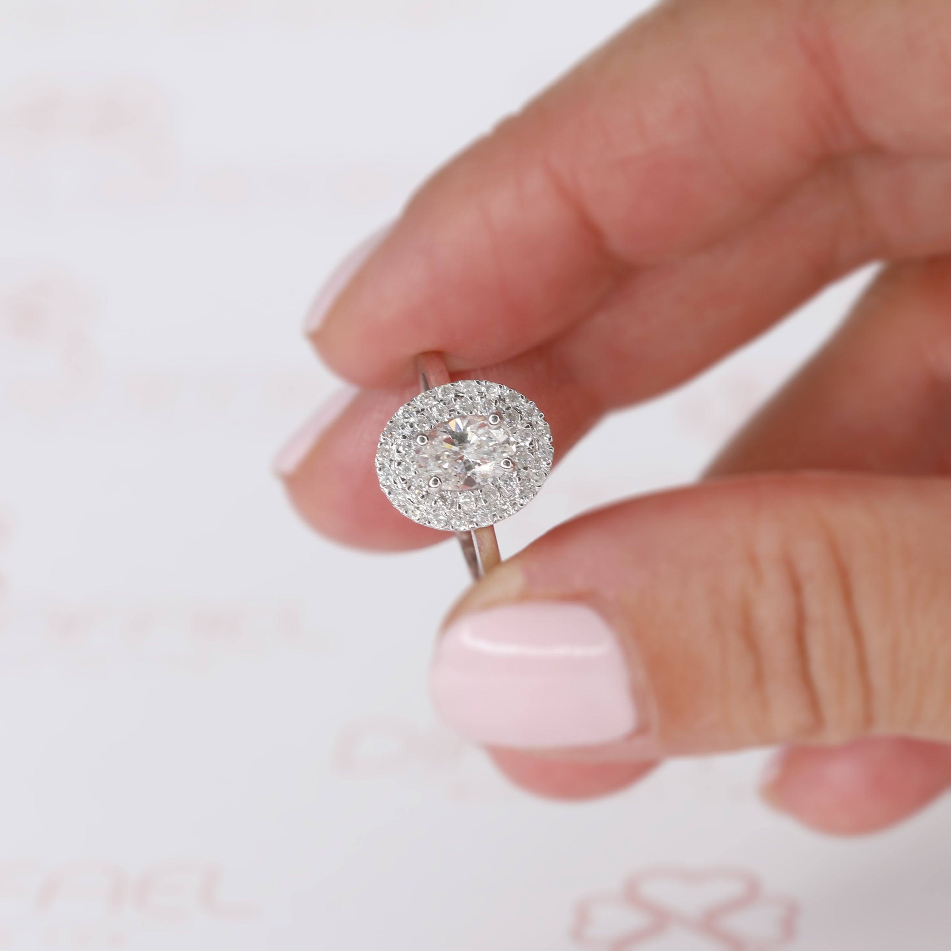 Double Halo Natural Oval Cut Diamond Engagement Ring