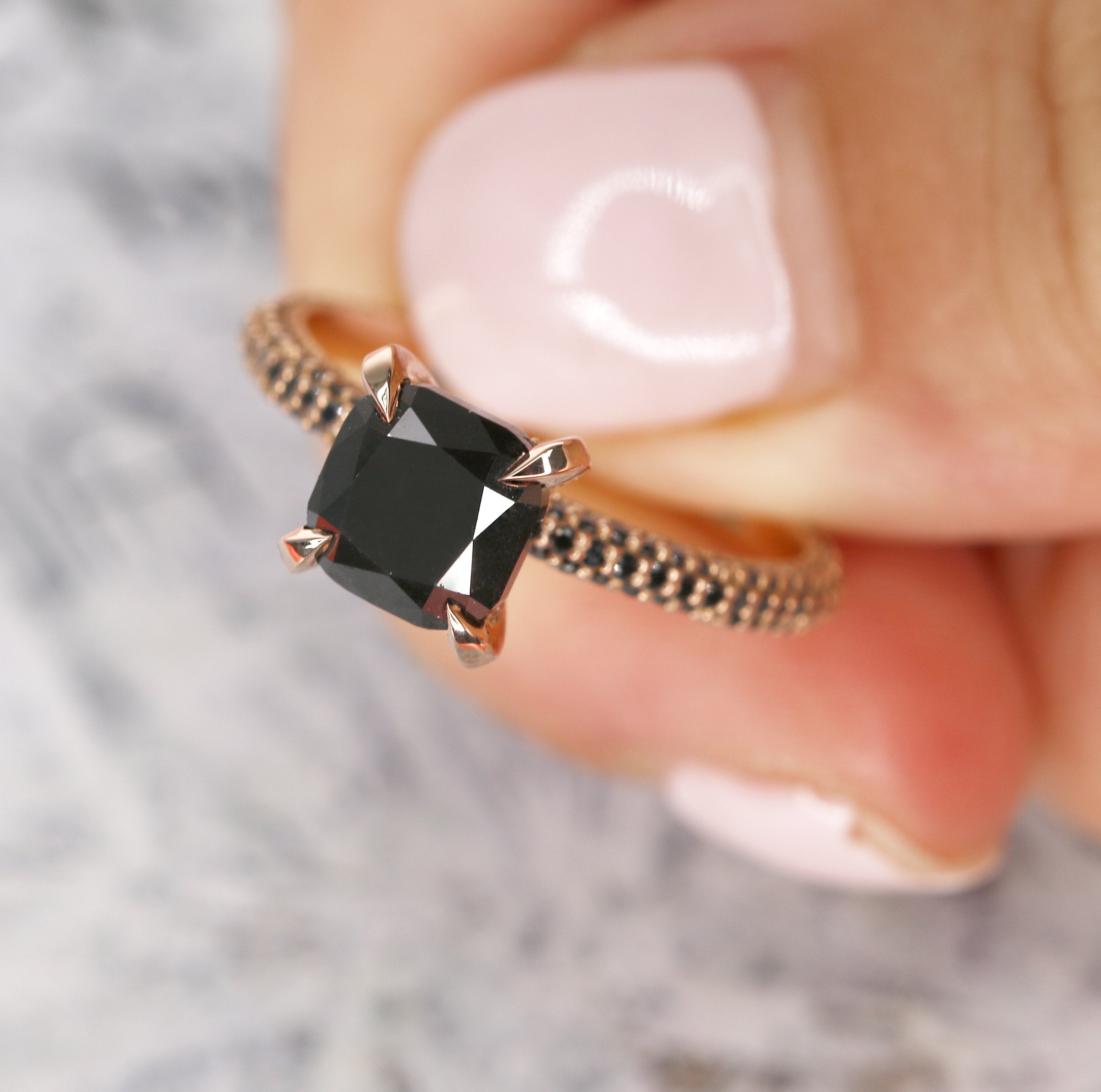 Unique  Natural Black & White Diamond Cushion Cut Engagement Ring